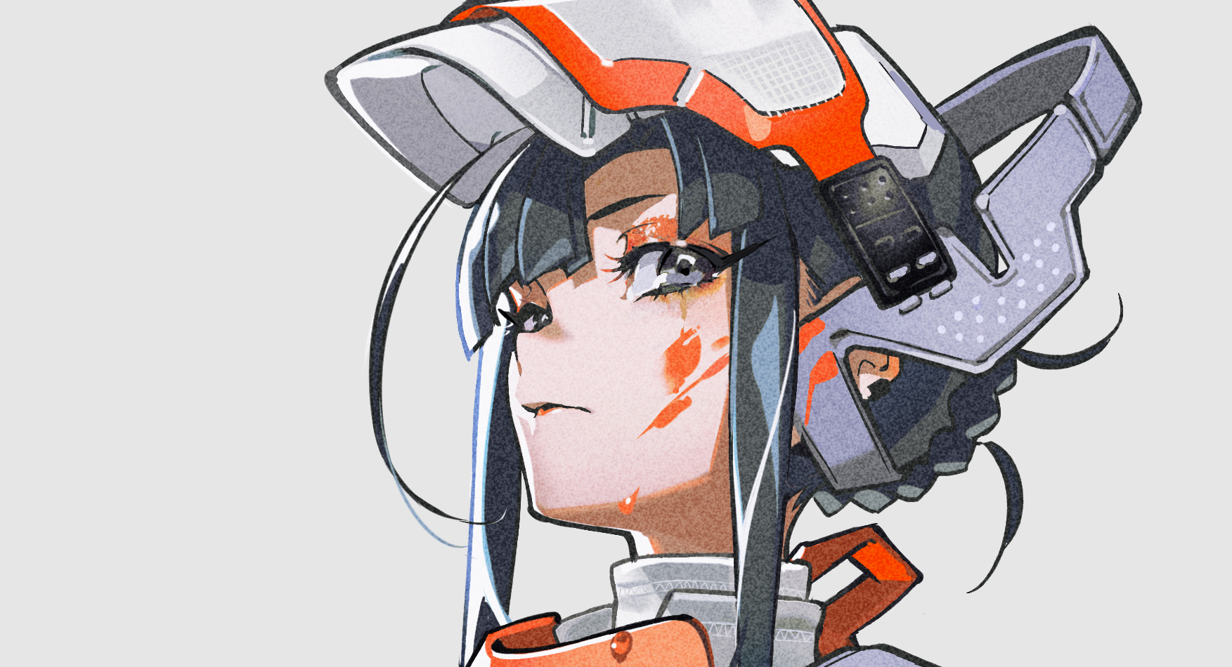 a closeup illustration features a young woman with dark hair and piercing eyes. she wears a futuristic helmet with orange and white accents. her face bears streaks of blood, hinting at a struggle or injury. despite this, her expression is resolute and determined. the art style leans towards anime and cyberpunk, with a soft lighting scheme that emphasizes the character's features.