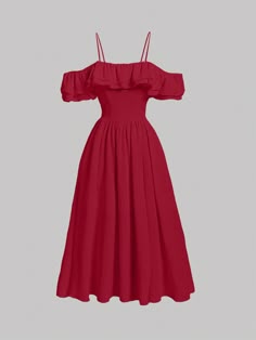 a red off the shoulder dress with ruffles at the neckline and straps. the dress has a flowy, aline shape and a casual, feminine style. it's perfect for summer days and nights.