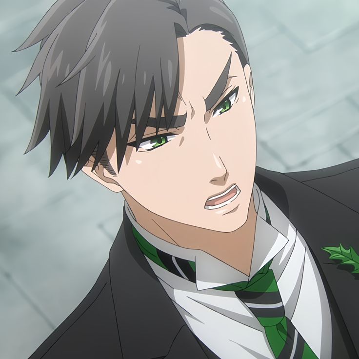 a close up shot of an anime male character with green eyes who appears to be angry. his hair is dark and he is wearing a black suit with a green and white tie. he is in the middle of speaking.