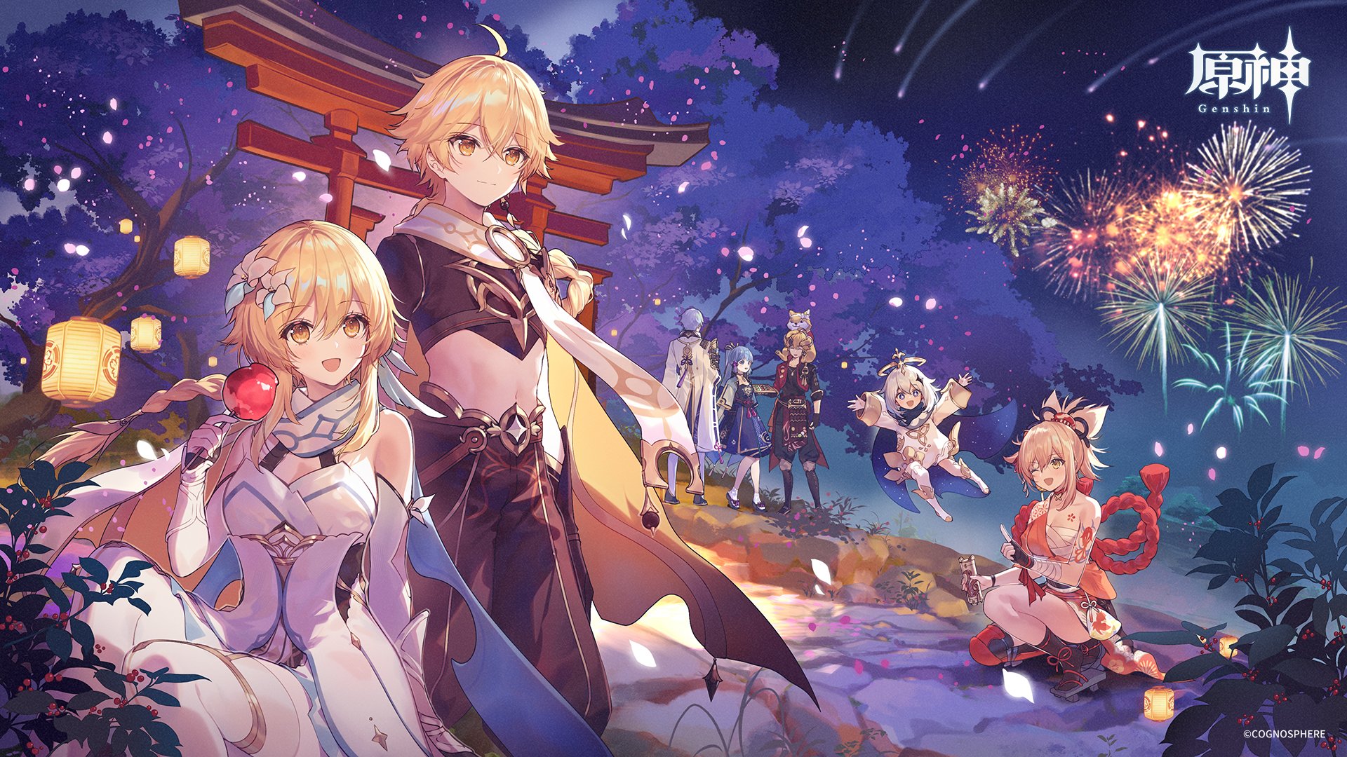 this is a vibrant and detailed piece of fanart depicting various characters from the popular video game genshin impact. the setting is a nighttime festival in inazuma, with fireworks illuminating the sky.  the central figures are kaedehara kazuha and kamisato ayaka, prominently featured in the foreground. other characters like yoimiya and the traveler can be seen in the background, adding to the festive atmosphere. the art style is distinctly animeinspired, with soft colors and expressive character designs. lanterns and cherry blossoms create a serene and celebratory ambience, typical of japanese cultural aesthetics.  the overall impression is one of joyous celebration and community within the game’s fantastical world.