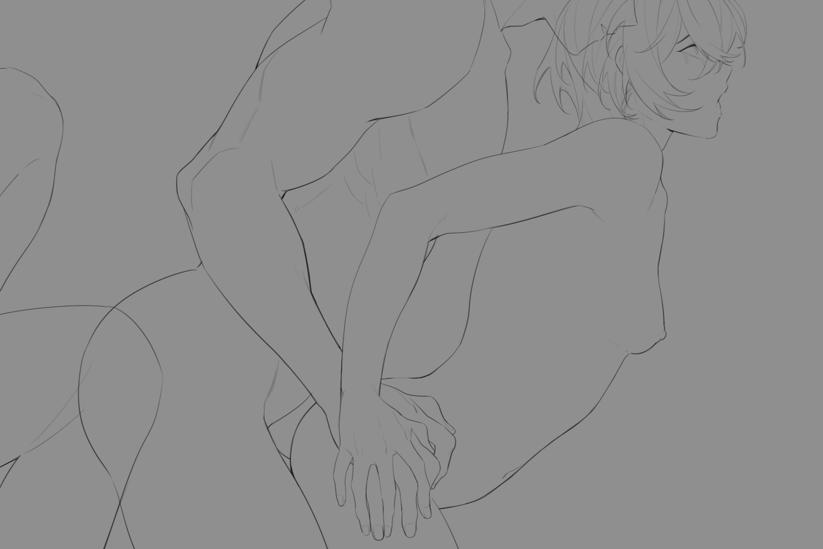 a sketch in an anime style, depicting a woman embracing a man. the illustration is rendered in line art, suggesting implied nudity and an intimate embrace.