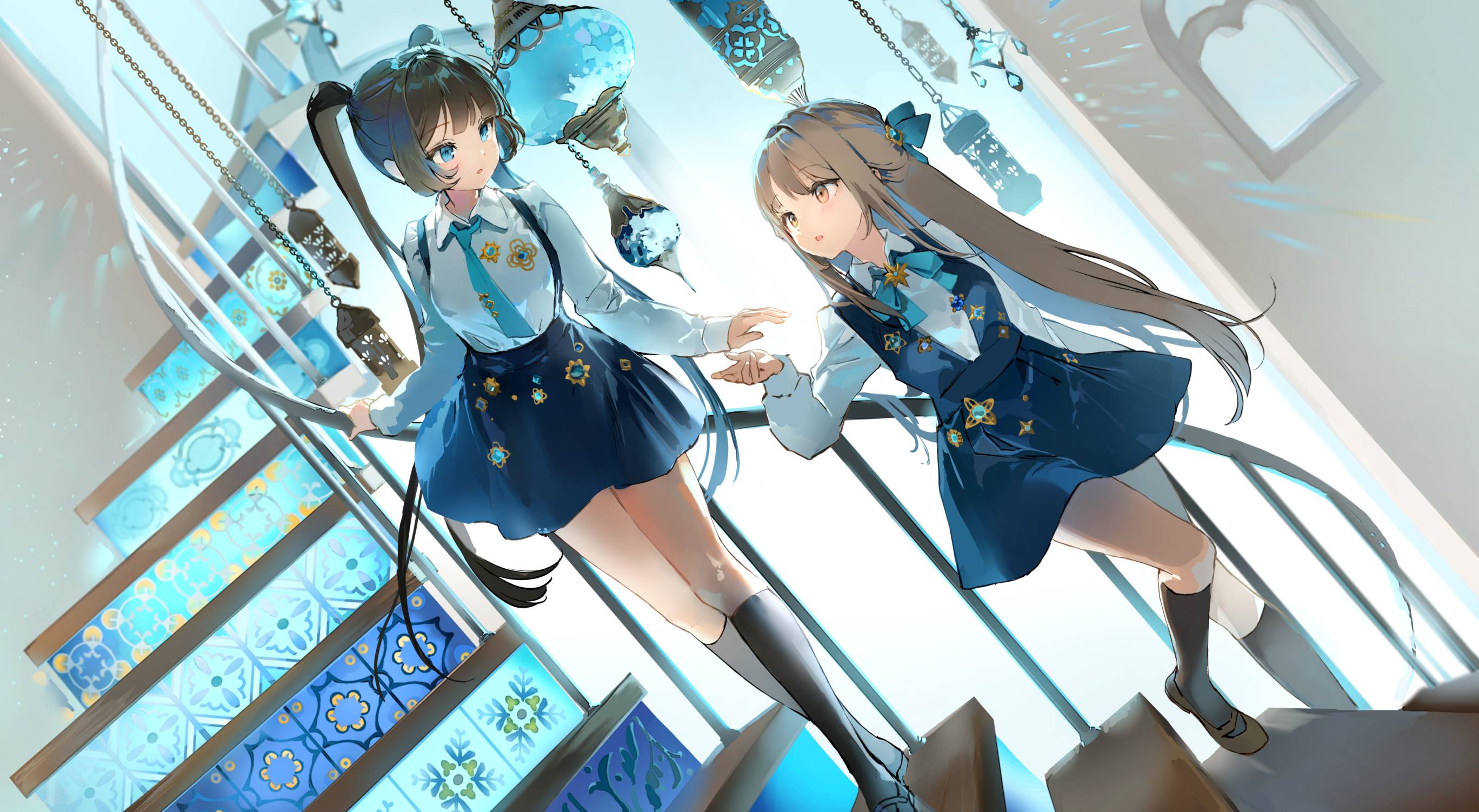 the image is a digital painting of two anime girls. one has blue hair styled in twintails, and the other has long brown hair. both are wearing similar blue and white school uniforms with gold star accents. they are standing on a staircase decorated with blue and white tiles, and several ornate hanging lights decorate the background. the art style is bright and whimsical, with a light and airy feel.  the girls appear friendly and magical, and the overall composition is elegant and detailed.