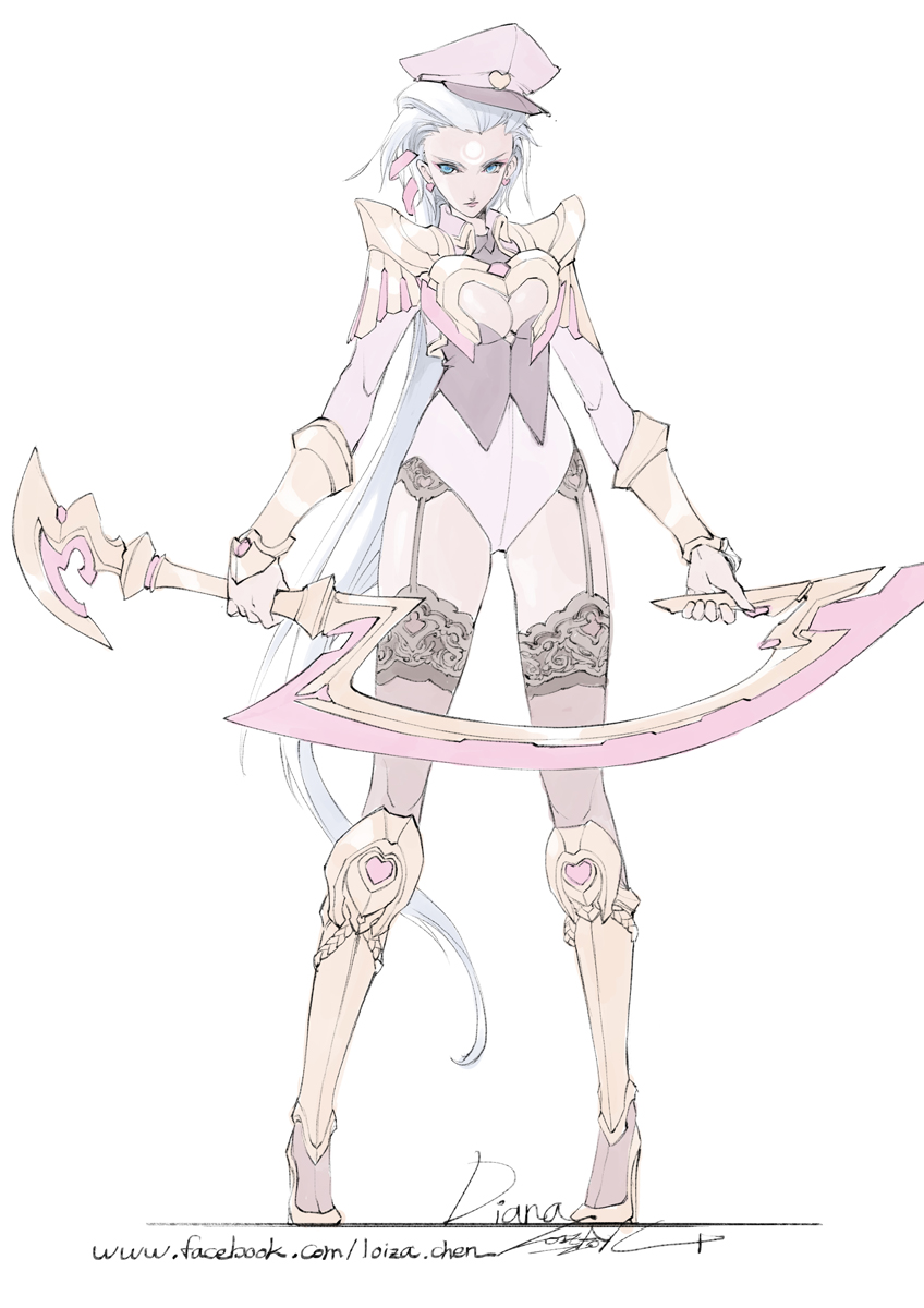 the image showcases a digital painting of a female warrior character design. she stands against a plain white background, facing forward.  her long white hair contrasts with her pale skin. the character wears an elaborate, stylized armor set with a prominent heart motif, rendered primarily in shades of white and gold. her weapon, a large scythe with a curved blade, also features the heart design and color scheme. the overall style of the image is sleek and stylized, reminiscent of fantasy illustrations or concept art for games.