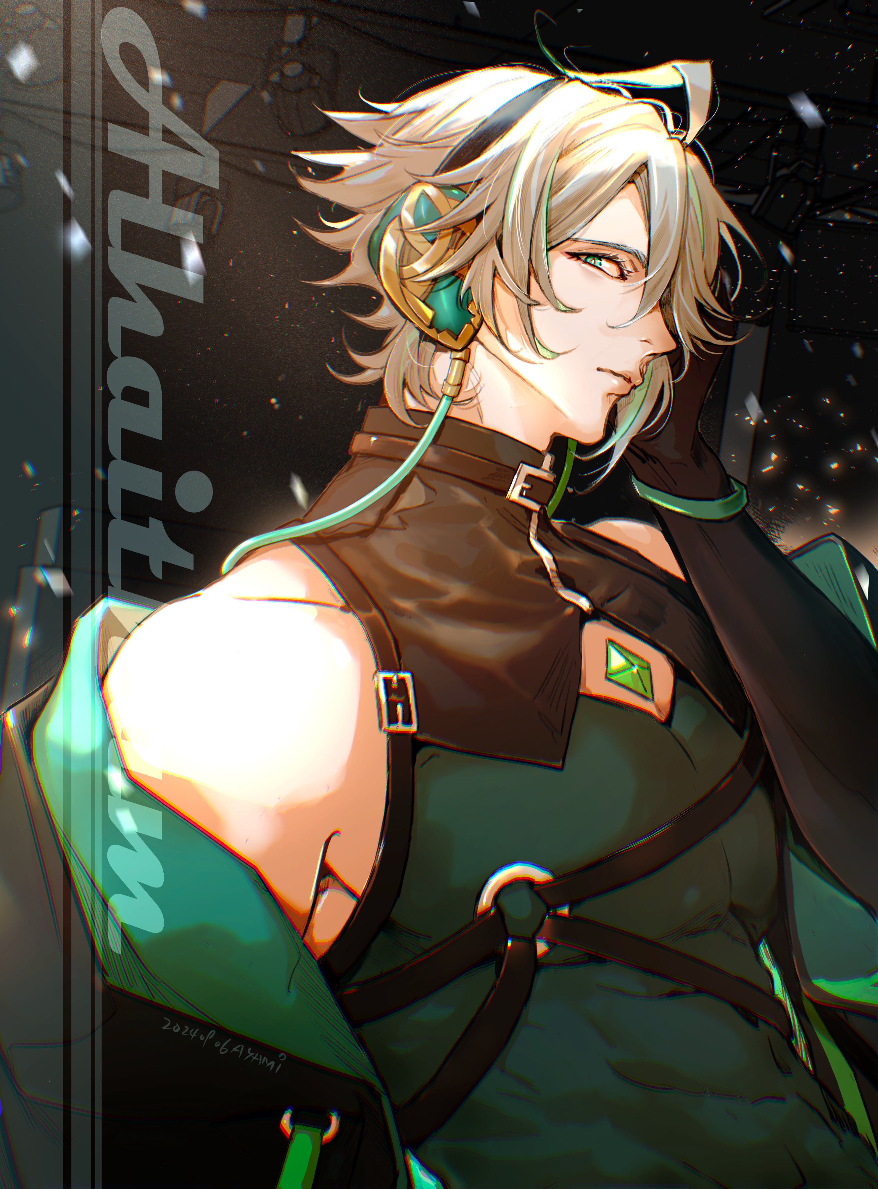 a digital illustration of a young anime boy with white hair and green eyes, wearing a black and green outfit, and headphones. he is looking away from the camera with a contemplative expression. the background is dark with hints of light.