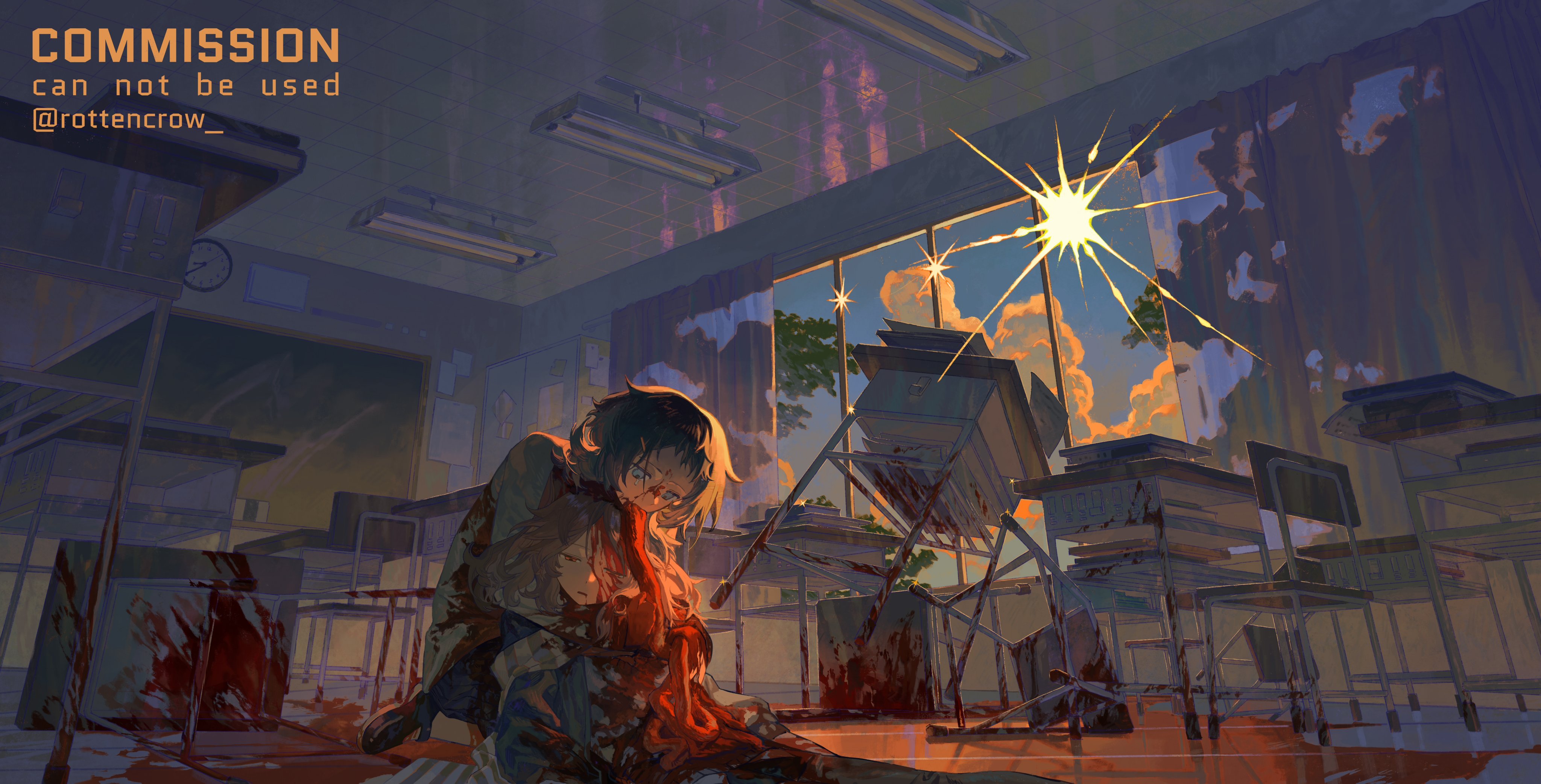 the image is a dark and disturbing scene depicting a bloody classroom. an anime girl sits on the floor, her face buried in her hands, surrounded by overturned desks and chairs. the classroom is covered in blood and the atmosphere is heavy with the feeling of sadness and despair. the window shows a bright sunset sky, which creates a stark contrast with the dark and violent nature of the scene.