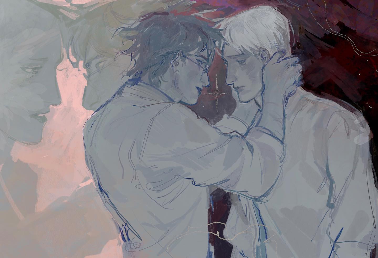 the image is a digital painting depicting two young men in an intimate embrace. the style is abstract and painterly, with soft pastel colors and blurry brushstrokes creating a dreamlike atmosphere. the focus is on the two figures, who are close together, their faces nearly touching, conveying a sense of deep connection or affection.  their expressions are somewhat pensive, suggesting a moment of shared emotion. the background features indistinct figures and a mixture of light blues and purples, adding to the overall dreamy and slightly melancholic mood. the lack of sharp detail emphasizes the emotional aspect of the piece rather than precise representation.  the artwork suggests a narrative without explicitly stating it, allowing for interpretation.
