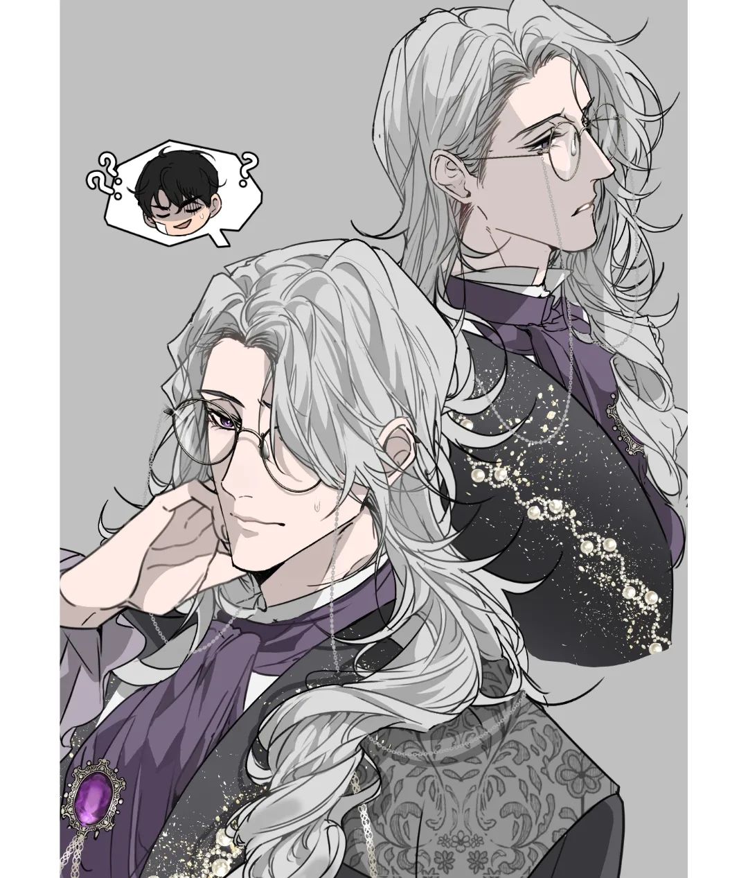 the image features two depictions of the same fictional man drawn in a stylized, sketchlike manner. he is drawn with pale skin, long silver hair, and purple eyes. he is wearing round glasses, a highcollared victorianstyle shirt with a purple cravat, and an elaborate, ornamented vest. the background is a solid gray.  one depiction is a bust portrait of the man with a thoughtful expression, while the other is a smaller thought bubble showing him making a surprised face.