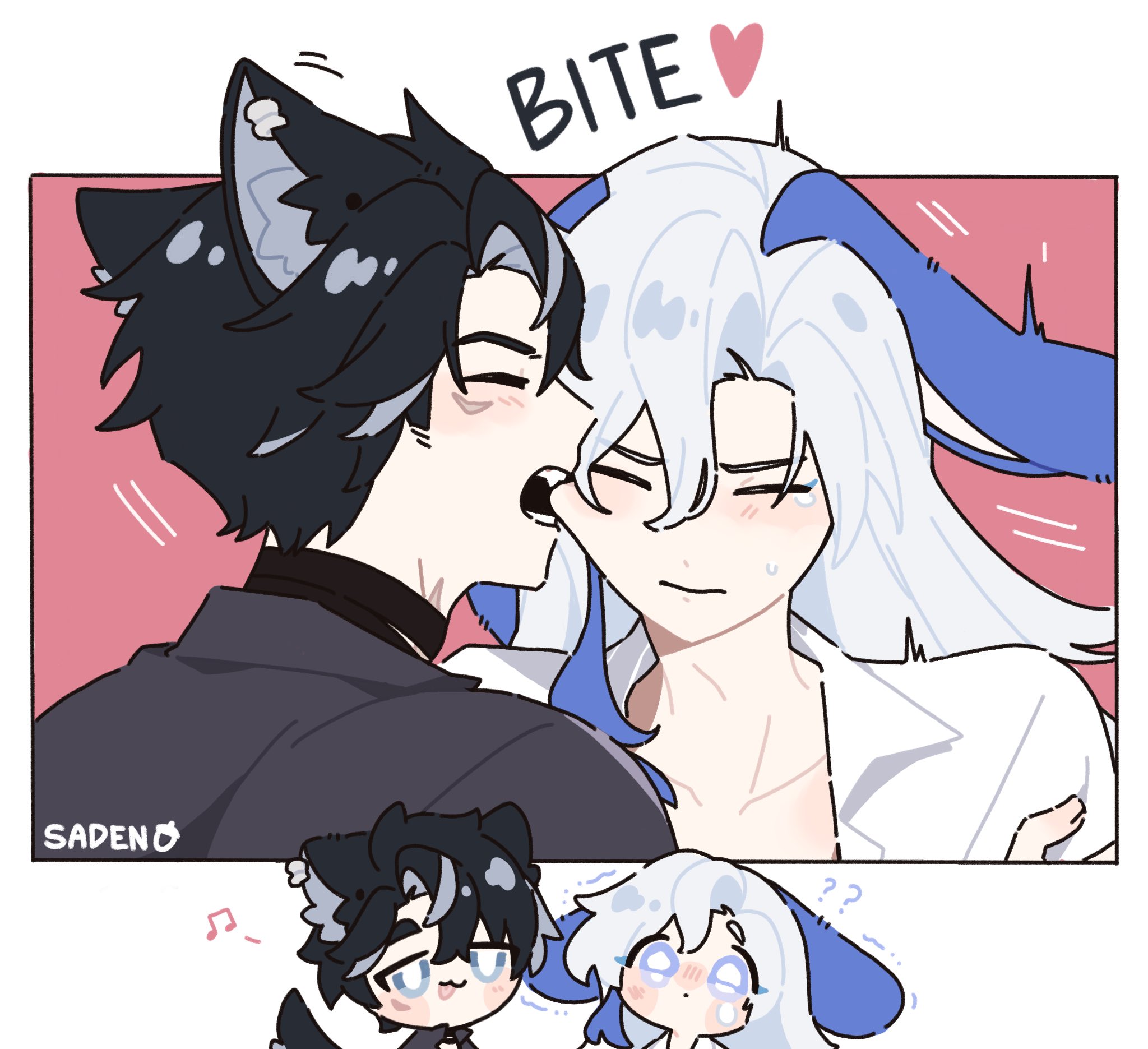 the image is a piece of digital fanart, likely from an anime or manga source, depicting a romantic scene between two male characters. the character on the left has dark hair and wolf ears, while the character on the right has white hair and what appears to be bunny or deer ears.  the left character is kissing the right character's cheek. the scene is framed in a box, with the word "bite" and a heart floating above them. the style is cute and slightly chibilike, with exaggerated features and expressions. in the bottom of the image, two smaller chibi characters seem to be watching the couple. the overall mood is sweet and romantic with a sense of playfulness. the artist's signature "sadeno" is visible in the bottom left corner.