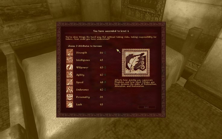 this is a screenshot from a video game showing the level up menu. the player has just reached level 4, and is given the option to choose 2 attributes to increase. there are 9 attributes to choose from, each with a corresponding icon, including strength, intelligence, willpower, agility, speed, endurance, personality, and lock. the player can see their current skill level next to each attribute.