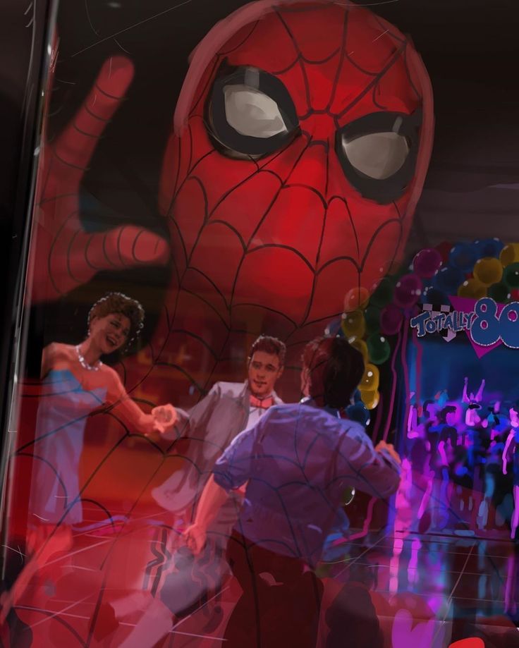 a man in a purple shirt dances with a woman in a blue dress. they are reflected in a glass surface which shows a giant spiderman standing in the background. the background also has a "totally 80's" arcade game. the scene has lots of neon lights and looks like a party scene.