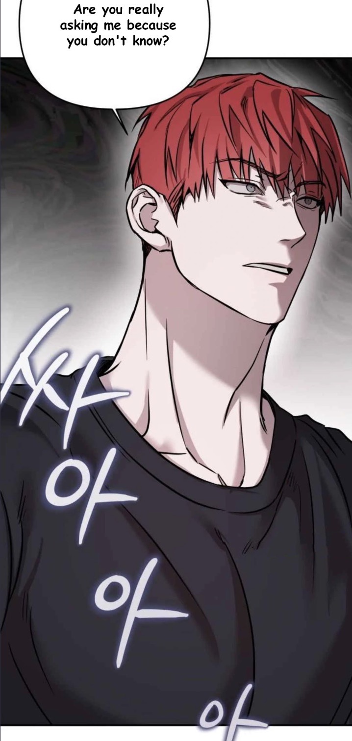 the image is a closeup illustration of a young man with vibrant red hair. his expression is serious, and he is shown from the chest up. he's wearing a darkcolored tshirt. a speech bubble above him contains the question, "are you really asking me because you don't know?"  korean text is overlaid on the image near the man's shoulders and chest. the art style is reminiscent of manga or webtoon.