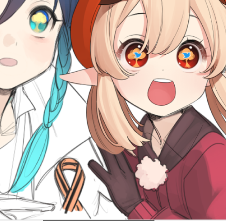 a closeup illustration featuring two animestyle female characters. the girl on the right, with blonde hair and red eyes, is fully rendered and wears a red outfit. the other girl, partially visible, has blue hair and wears a white top. the art style suggests it could be fanart.