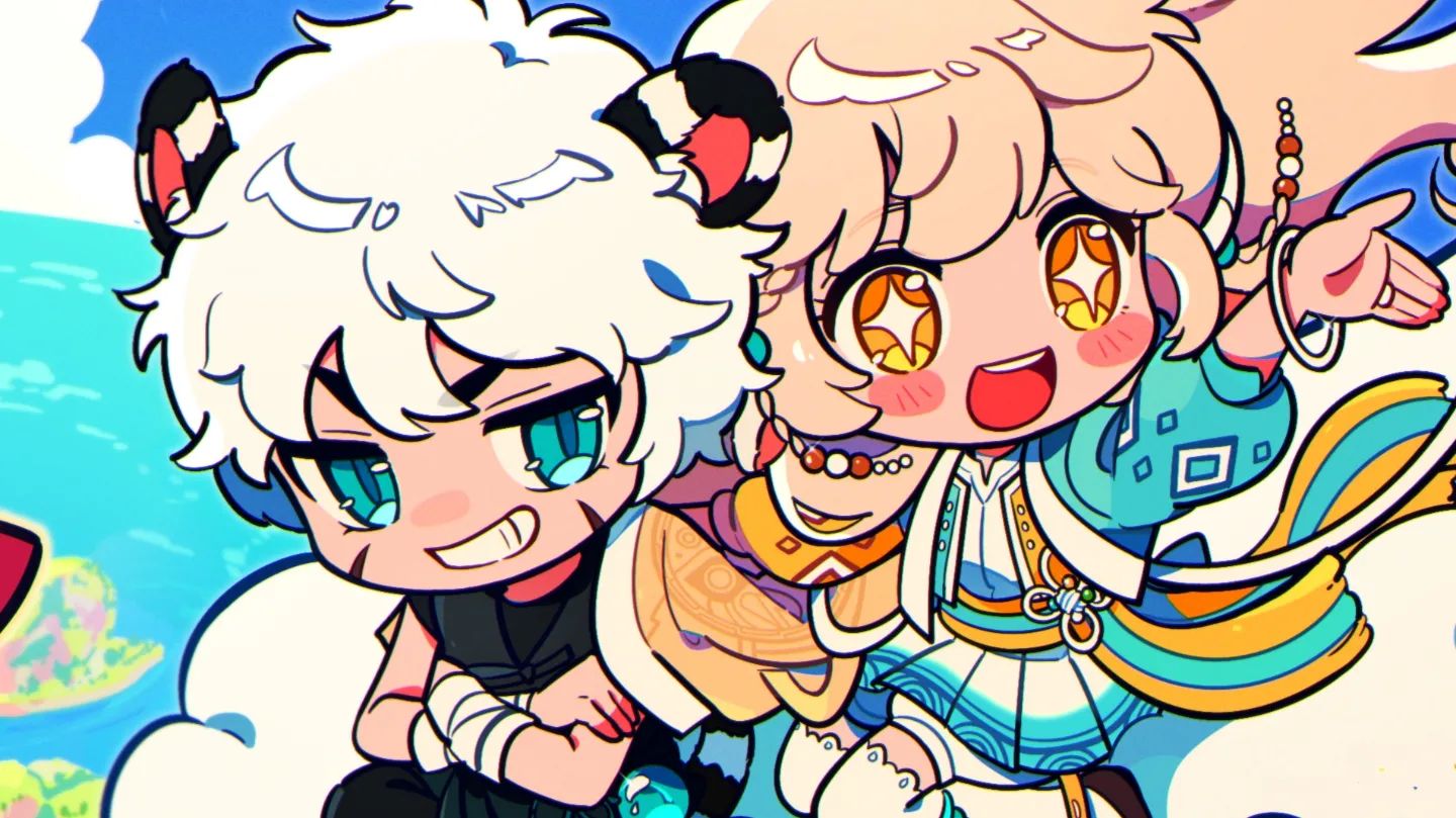 the image is a vibrant digital drawing featuring two chibistyle anime characters.  one character has white hair with black tigerlike ears and teal eyes, wearing a dark outfit with bandages on their arms.  the other character has light blonde hair, large expressive golden eyes, and a bright turquoise and yellow outfit that seems to be inspired by traditional east asian clothing.  both are smiling broadly,  and their styles suggest a playful and friendly dynamic.  they are depicted against a cheerful background suggesting a sunny beach or tropical setting with bright blue water and fluffy white clouds. the overall style is cute, bright and heavily stylized, with exaggerated features typical of chibi art.