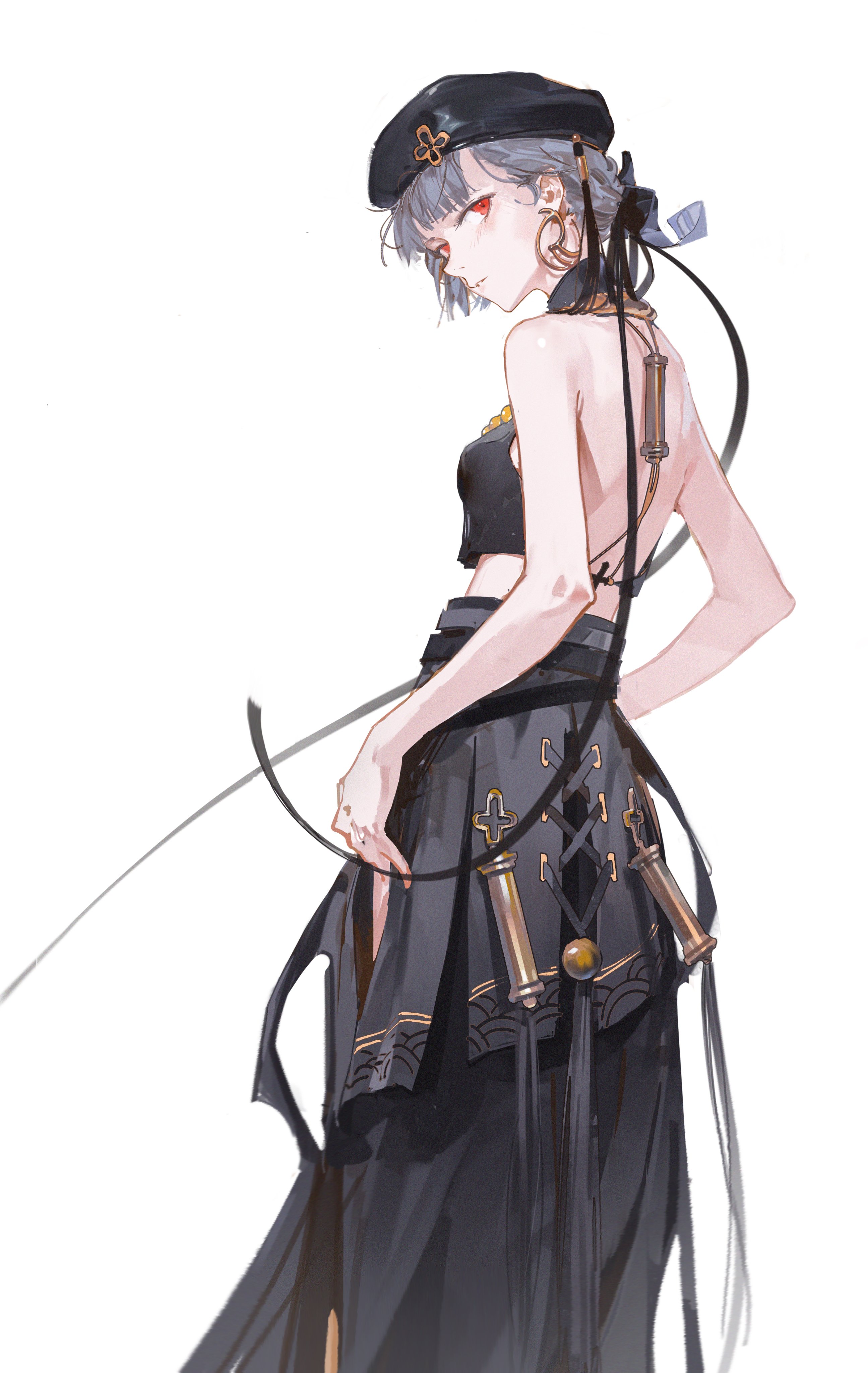 this image depicts a digital illustration of a young anime woman with grey hair wearing a black beret and a black cyberpunk dress. the background is white. the woman's right arm is bent at the elbow, and her left arm is bent at the elbow and is holding onto a black strap that's attached to her dress. she is looking toward the left of the image. she has red eye shadow and long black eyelashes.  she is wearing a black top with a long black skirt that has lots of straps and gold buckles. the strap has a loose black cord hanging from it.