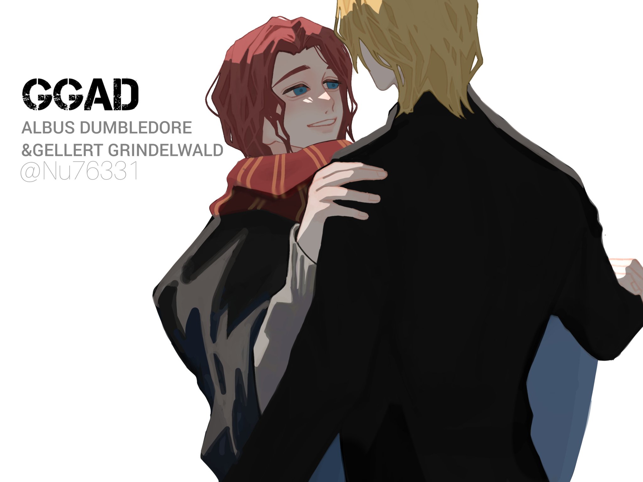 this is a digital fan art illustration of albus dumbledore and gellert grindelwald from the harry potter series, hugging each other. dumbledore is wearing a dark coat and a scarf with red and gold stripes, grindelwald is wearing a black suit.  the picture is made in an anime style.