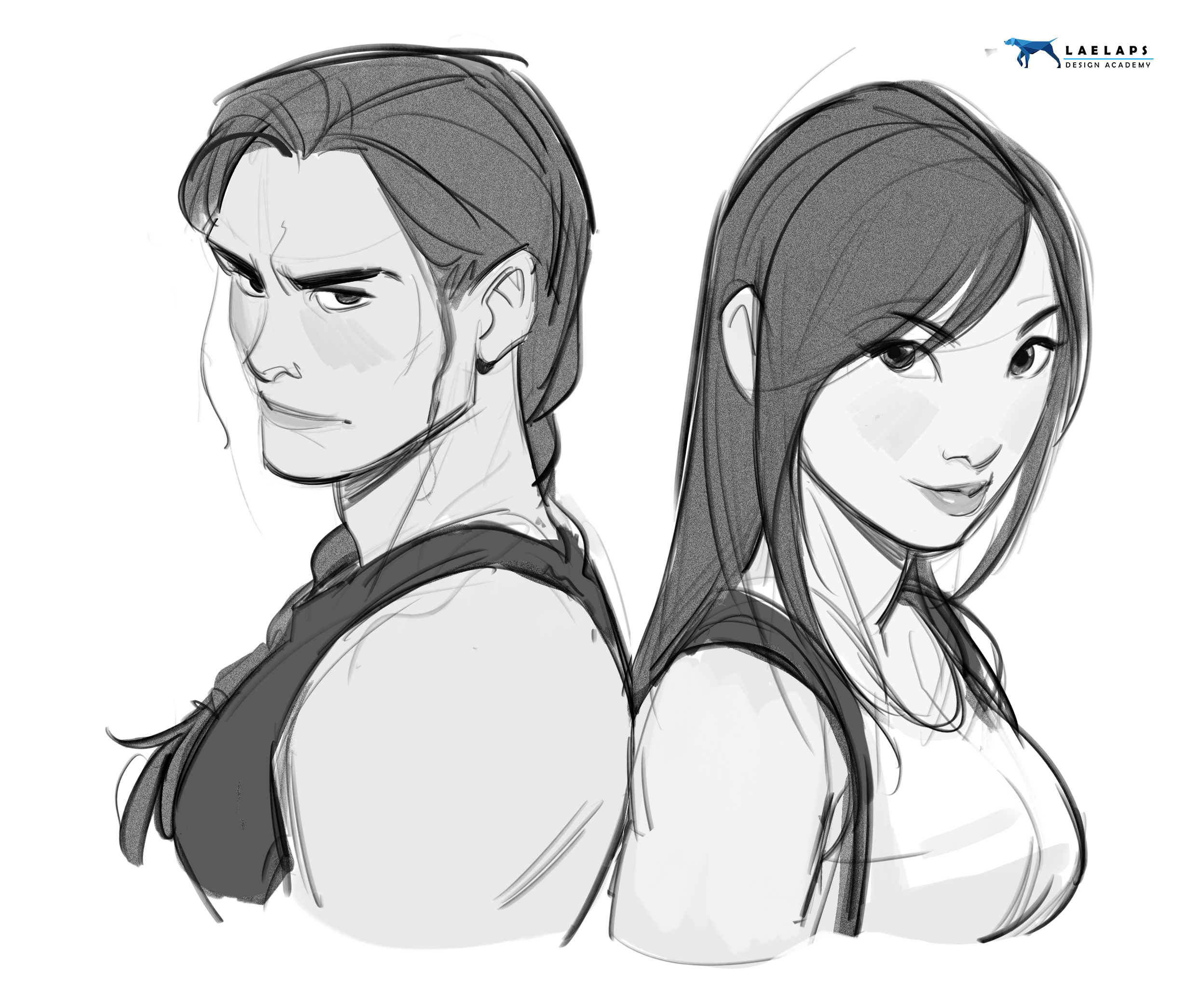 a black and white sketch of a man and a woman standing back to back. the man is on the left and has short, dark hair, a serious expression and is wearing a sleeveless top. the woman is on the right with long, dark hair and a more neutral expression and wearing a sleeveless top.  the style is loose and expressive, characteristic of concept art or character design sketches. the artwork is credited to laelaps design academy.
