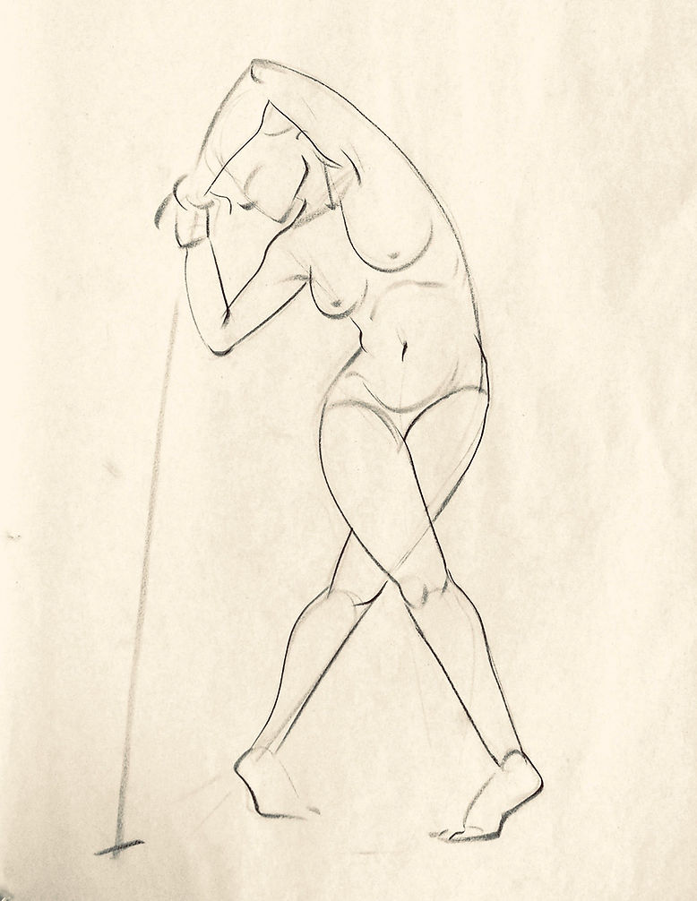 a simple line art sketch of a nude woman. the figure is in a dynamic pose, with her arm raised above her head and her body twisted to the side. the drawing is done in pencil and has a minimal, abstract style. the focus is on the gesture and movement of the body.