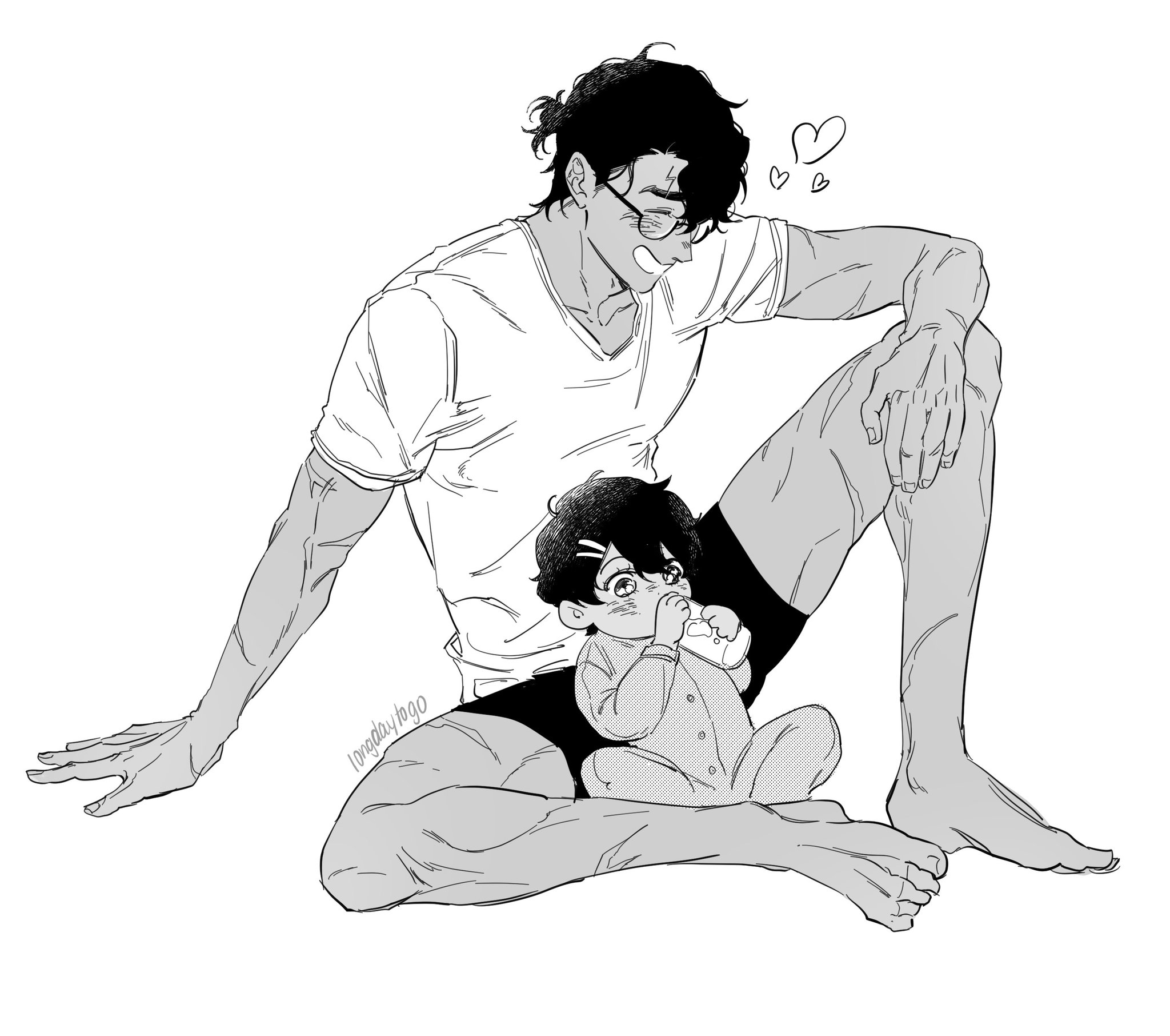 he image is a black and white illustration, possibly mangastyle, depicting a muscular, glasseswearing father figure sitting on the floor with his young son. the son is sitting on the father's lap, holding a bottle and looking up at him.  the father has his arm around the child and shows a loving expression. the art style is clean and expressive, using lines to suggest muscle tone and facial features, conveying a feeling of warmth and familial affection.  small hearts float between them.