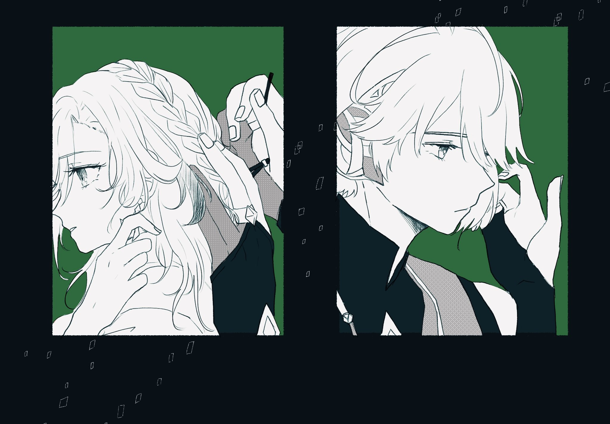 two anime characters, a girl with long white hair and a boy with short white hair, are shown in separate panels. the girl is having her hair braided by the boy. the boy is wearing a black and white suit while the girl is wearing a white shirt. both are facing forward, looking directly at the viewer. the background is a dark green color with black lines and squares.