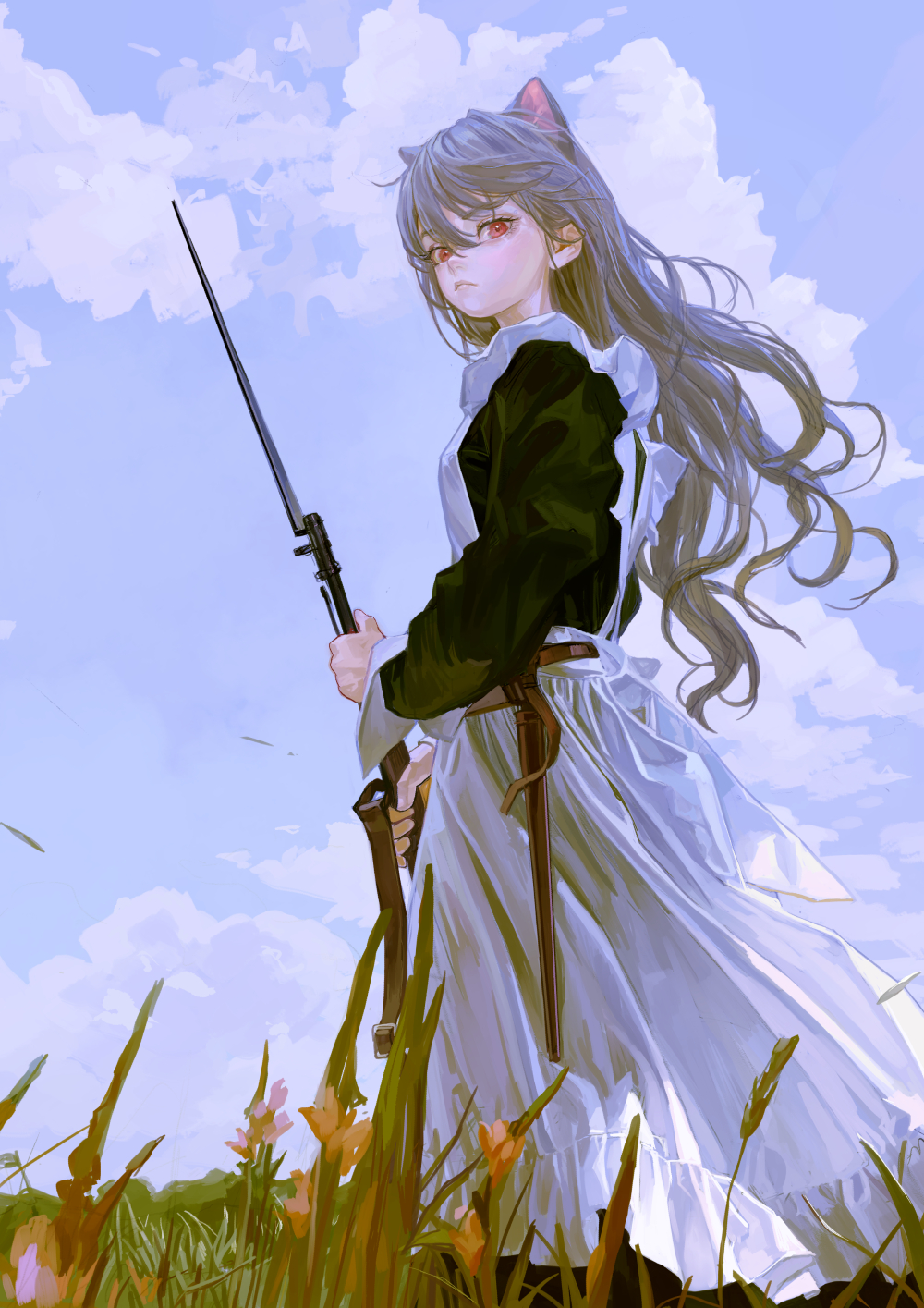 an anime girl with cat ears stands in a field, holding a rifle. she is wearing a maid outfit. the sky is blue with white clouds.