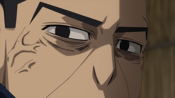 a closeup illustration of a man's face. the man has dark hair, dark eyes, and visible wrinkles and scars on his face. he appears to be middleaged or older, and his expression is serious, possibly worried or concerned. the style of the illustration is reminiscent of japanese anime or manga. the lighting appears to be coming from the right side, casting a shadow across the left side of his face. the setting suggests he might be indoors, possibly in a room or house.