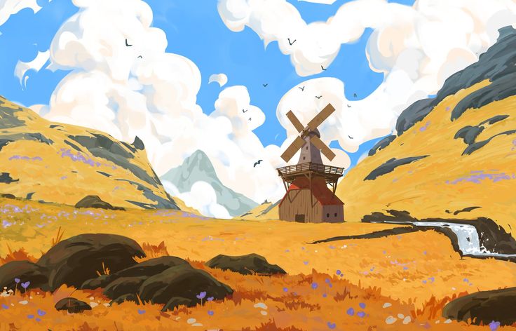 a quaint windmill sits nestled in a golden valley, surrounded by rolling hills and a babbling brook. the sky is a brilliant blue, dotted with fluffy white clouds, and the sun bathes the scene in a warm glow. wildflowers add splashes of color to the landscape, while a distant waterfall adds a touch of grandeur.