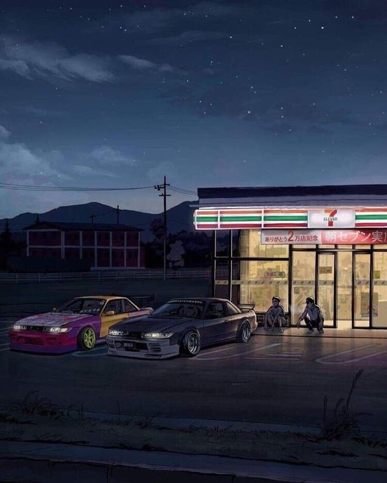 he image depicts two modified japanese sports cars parked in front of a brightly lit 7eleven convenience store at night. two figures are sitting outside the store.  the scene is reminiscent of anime and japanese street racing culture. the background features mountains silhouetted against the night sky. the overall color palette is dark and moody, with the neon lights of the store providing a pop of color.