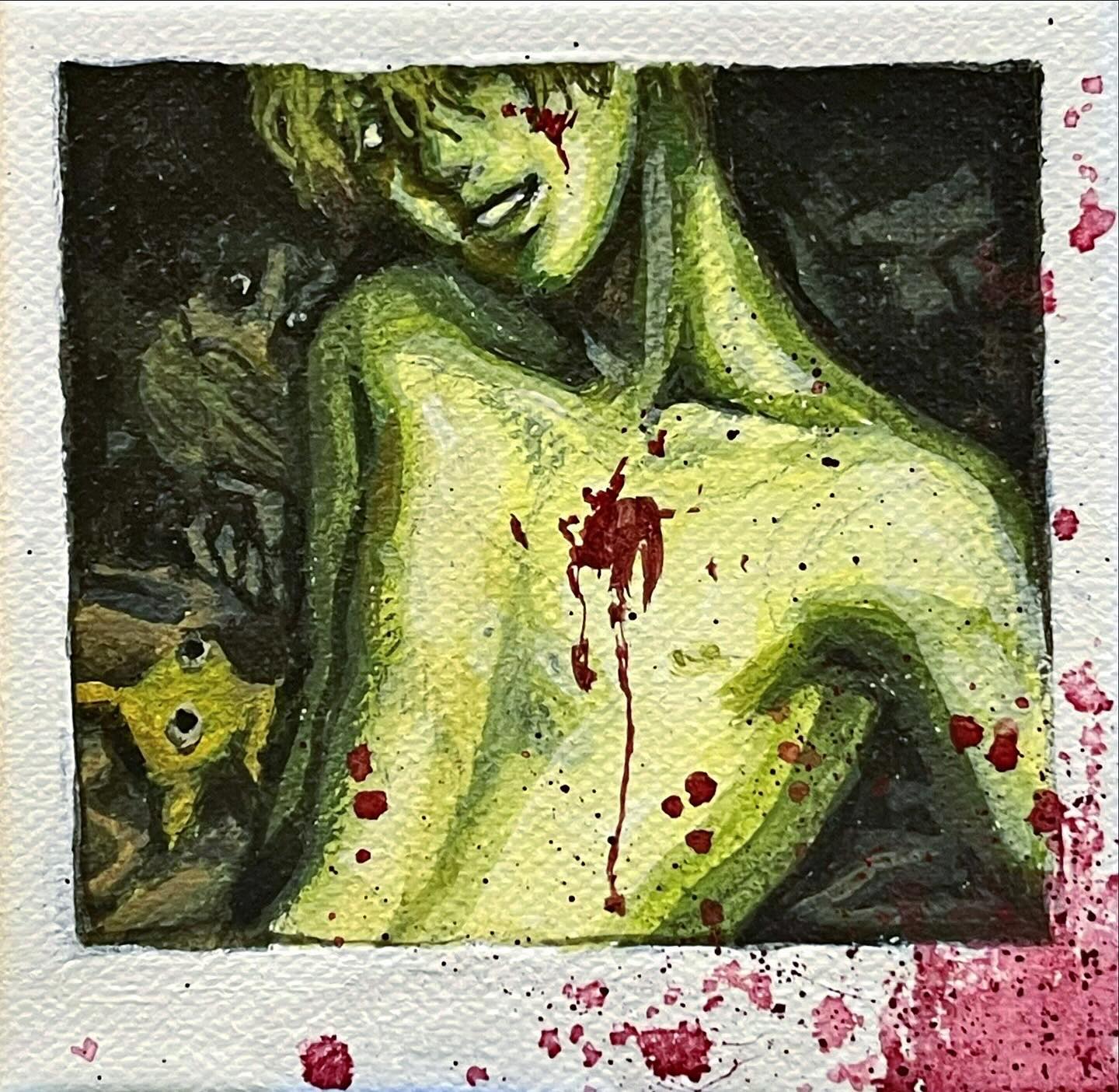 the image is a watercolor painting depicting a closeup portrait of a young man.  his skin is depicted in various shades of green and yellow, giving a sickly or unnatural appearance. he has a wound on his chest with visible blood splatter, suggesting violence or an attack. his facial expression is one of distress or pain.  the background is dark and shadowy, adding to the grim and macabre tone of the piece.  there are smaller figures in the background, seeming less defined but suggesting a possibly disturbing scene. the overall style is expressive and somewhat abstract, employing splatter techniques to enhance the sense of violence and chaos. the edges of the painting itself are framed to look like a photograph, adding to the presented narrative.