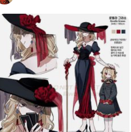 this anime illustration shows three women in different outfits. the woman on the left is wearing a black dress with a red hat and gloves. the woman in the center is wearing a black and red dress with a hat and a cane. the girl on the right is wearing a black and red dress with a white collar. the women are all standing in front of a white background.