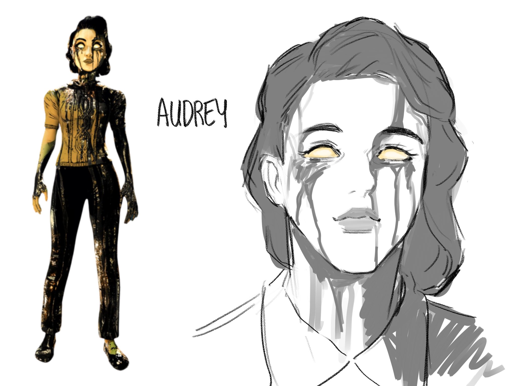this image contains a character design concept art of audrey from the game "bendy and the ink machine". the art style is a sketch with black and white colors and includes notes that read "audrey". the drawing on the left is the full body of the character and the one on the right shows a closeup of the character's face.