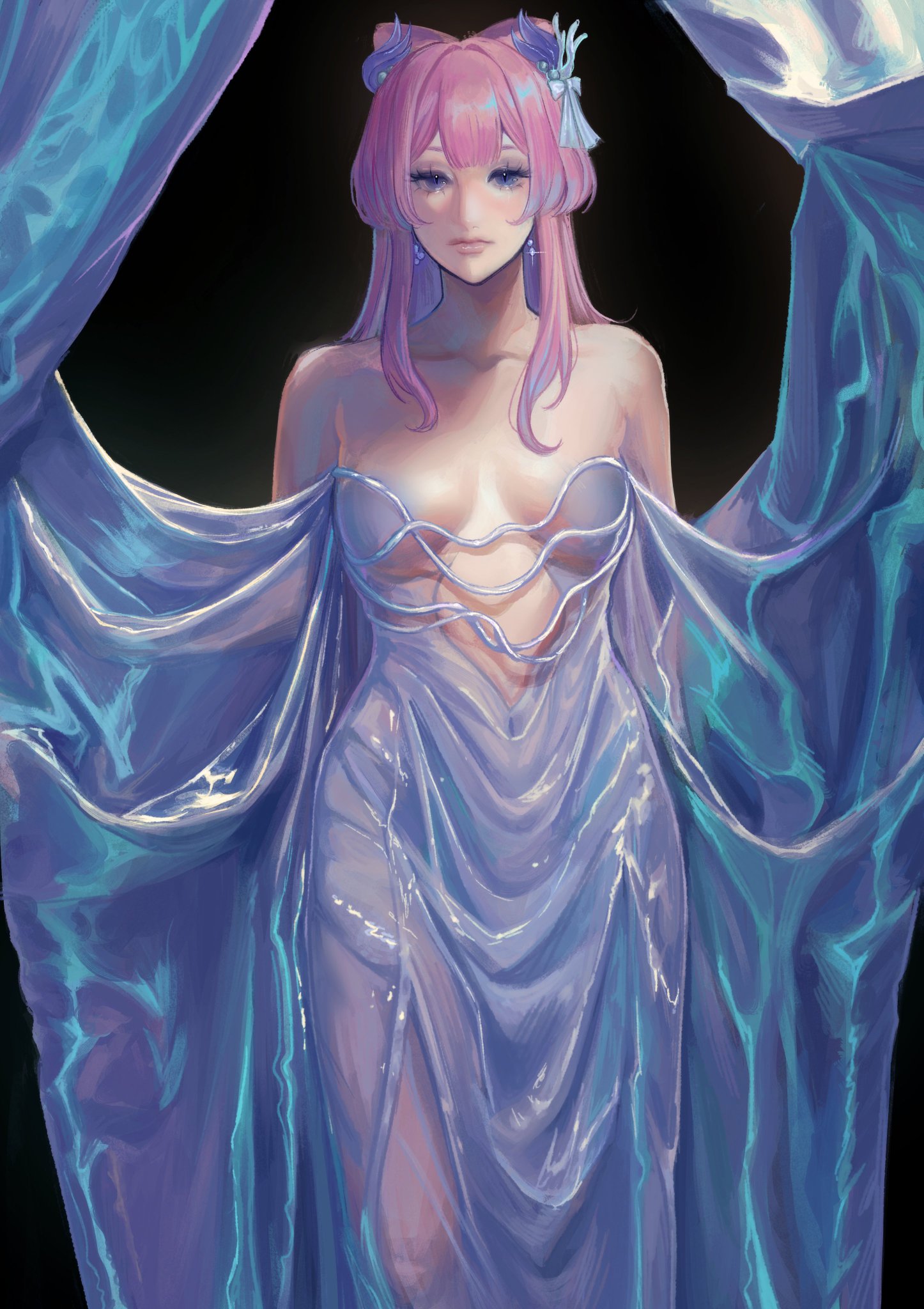 a young woman with long, flowing pink hair, wearing a beautiful blue dress, stands in front of a dark background. the dress is iridescent and ethereal, giving the woman a magical appearance. the image is very beautiful and graceful, and the light in the scene highlights the woman's features. the image appears to be an illustration or digital art.