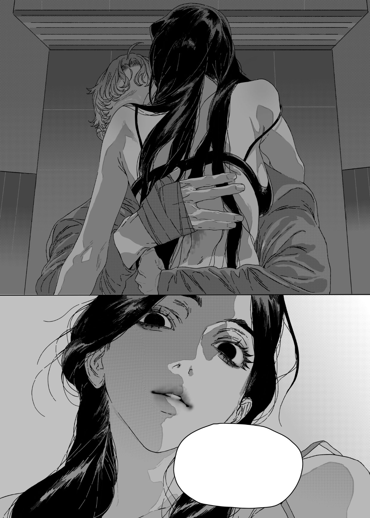 the image shows a comiclike illustration. the top panel depicts a man embracing a woman. she has long black hair and is wearing a strappy top. the man is embracing her tightly, the woman's black hair covers his face. the man's hands are wrapped in bandages. the bottom panel focuses on the woman's face, looking upwards with a blank dialogue bubble to the right of her face. the style is black and white with detailed shading and line work.