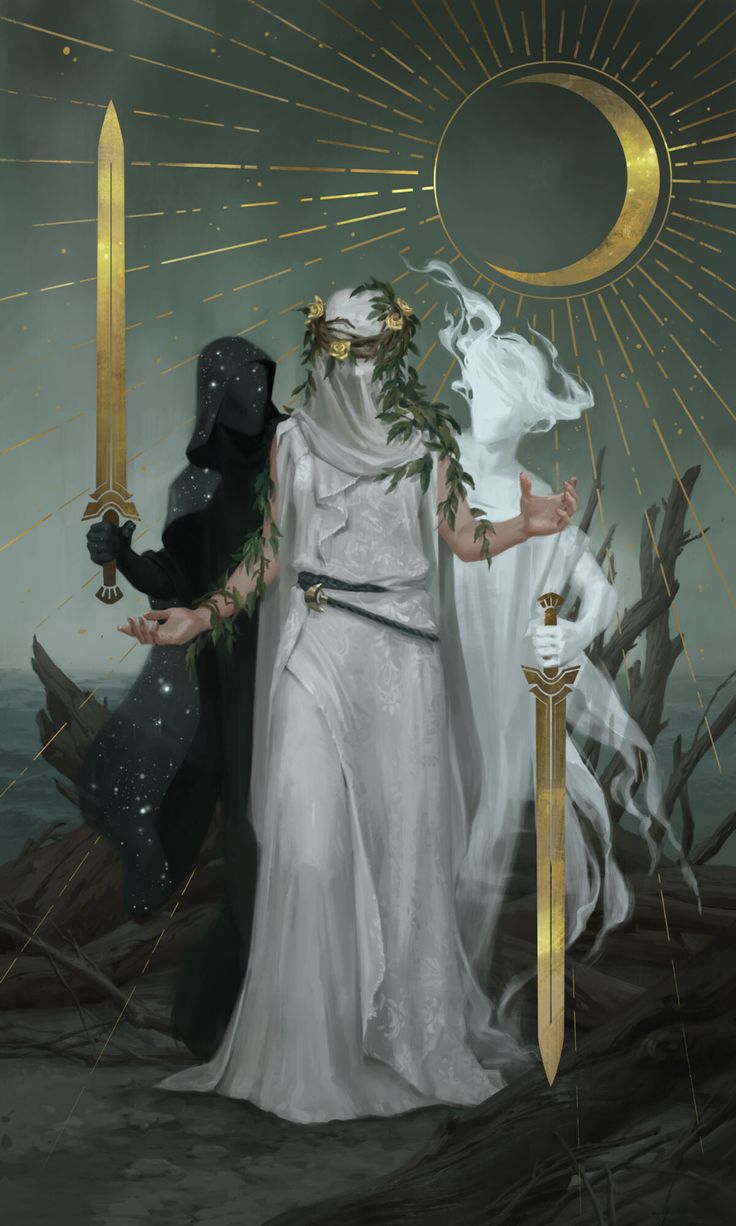 the image depicts a  fantasy  scene with three figures: a woman with  white  hair and a  white  robe adorned with leaves and vines stands in the center of the scene. she has a  golden halo  around her head. she holds a  golden sword  in her right hand and is surrounded by  golden light.  on her left is a figure draped in a dark robe with a constellation of stars. on her right is a  ghostly figure  in a cloud of white mist. they are  standing  on a  beach  with  driftwood  in the foreground.  the  moon  is a crescent and is framed with a gold halo.  the background is a  dark green  with  gold lines  radiating out from the  moon.  this evocative scene suggests a  powerful  and mystical  story waiting to be told.