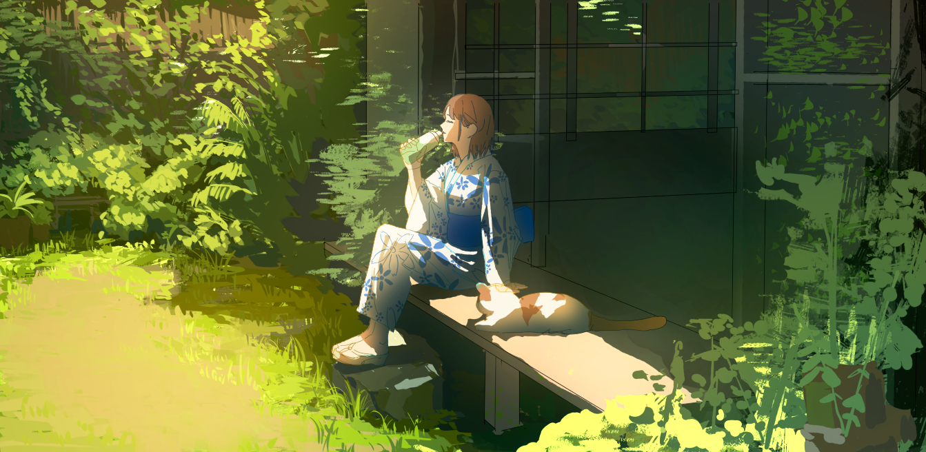 the illustration depicts an animestyle young woman in a blue and white yukata sitting on a wooden bench outdoors in a lush green garden. sunlight streams through the foliage, illuminating her and creating dappled shadows. she's holding a bottle to her lips, possibly drinking something refreshing.  a cat rests on the bench beside her, adding to the peaceful and tranquil atmosphere. the overall style is painterly and evocative, with loose brushstrokes and a soft color palette. the scene suggests a calm, summer day in a traditional japanese setting.