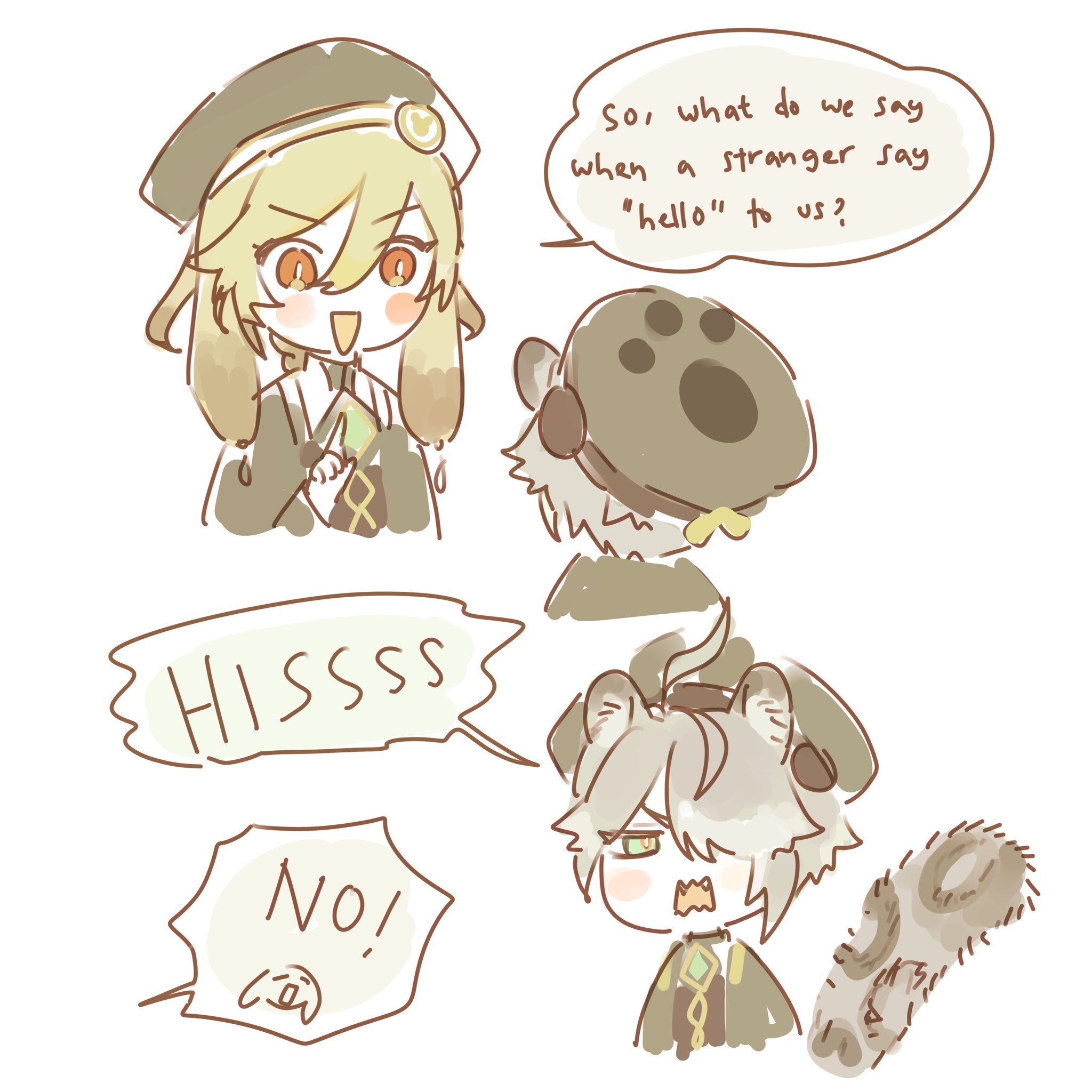 the image shows 3 cartoon characters: a cat, a dog, and a small person. the cat is saying "hissss" while the dog is saying "no!", the small person is asking the cat and dog "what do we say when a stranger says hello to us?"