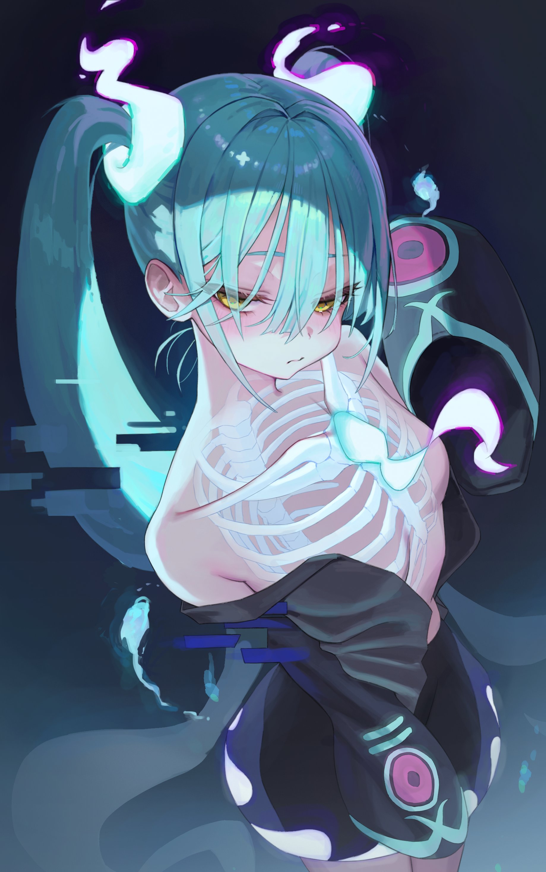 the image is a digital illustration of an animestyle girl with teal hair pulled back into high pigtails adorned with glowing, flamelike accents.  her skin is pale, and her ribs are visible beneath her skin, giving her a ghostly or spectral appearance. she wears a dark outfit with glowing accents that seem to match the flames in her hair. the background is dark and moody, enhancing the mystical atmosphere. the girl's expression is somewhat melancholic or serious. the overall style is detailed and sophisticated, emphasizing both the character's ethereal beauty and the artistic skill of the creator.