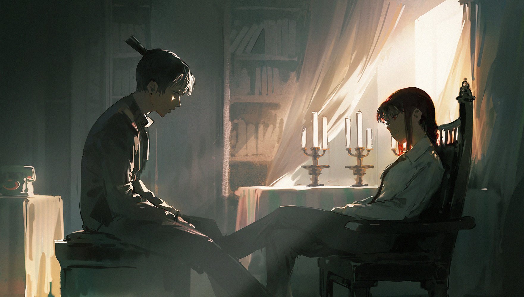 in a dimly lit room with a single window casting warm light, a man and a woman are depicted in a moment of quiet intimacy. the woman, with vibrant red hair, rests peacefully in a chair, her eyes closed as if in deep sleep. her head tilts gently back, suggesting a sense of vulnerability. the man, his expression veiled in shadow, sits beside her, his posture slumped with a palpable weight of sorrow. the flickering flames of a candelabra cast dancing shadows on the walls, enhancing the somber mood. this poignant scene speaks of love, loss, and the profound depths of human emotion.