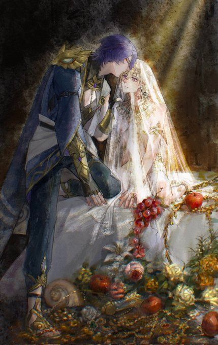 the artwork is a digital painting depicting a romantic scene between a bride and groom in fantasy attire.  the groom, with purple hair, is dressed in richly detailed, dark blue and gold clothing, while the bride, with light blonde hair, wears a white veil and a similarly ornate, lightercolored gown. they are embracing and appear to be sharing a kiss. the setting is evocative of a fairytale, with a dark background contrasting sharply with the bright colors of their clothes and the abundant fruit and flowers arranged around them at their feet, suggesting prosperity and abundance. the overall mood is intimate, romantic, and slightly melancholic, suggesting the magic and sometimes bittersweet nature of love. the artistic style is detailed and painterly, with a focus on texture and light.
