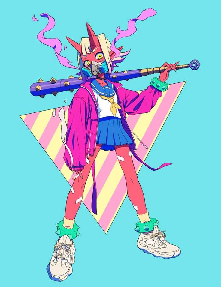 an illustration of a demon girl wearing a pink jacket, blue skirt, and chunky white sneakers stands in front of a triangle with a studded baseball bat on her shoulder. she has blond hair, red skin, small horns, and wears a gas mask over her mouth. her arms and legs are bandaged.  the background is a solid teal blue.