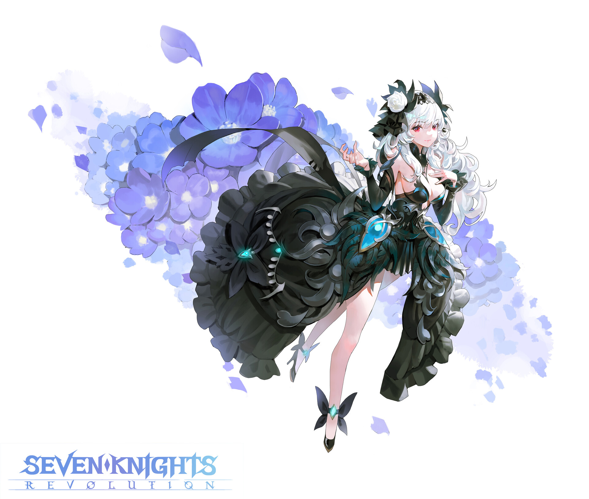 an animestyle female character with white curly hair and red eyes, wearing an elaborate black dress with blue gemstone details, standing in front of a background of purple and blue flowers, with the seven knights revolution logo at the bottom left.
