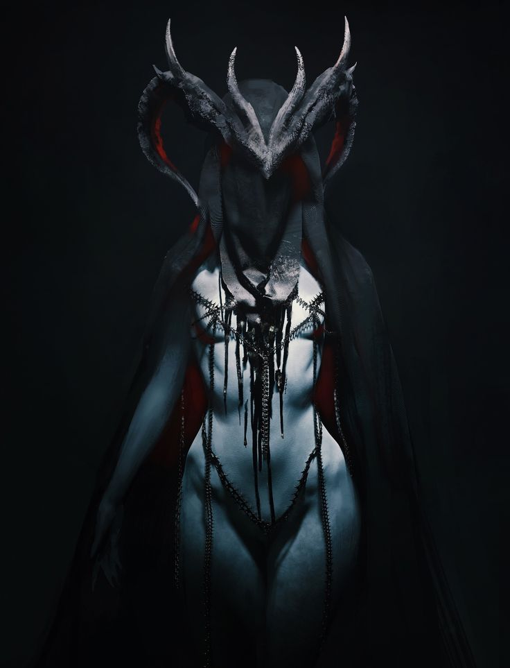 a digital illustration of a dark, fantasy creature with horns, chains and a hooded robe. the creature is standing in a dark, shadowy setting, and its face is obscured by its hood. the creature's body is covered in chains, and its eyes glow an eerie red.
