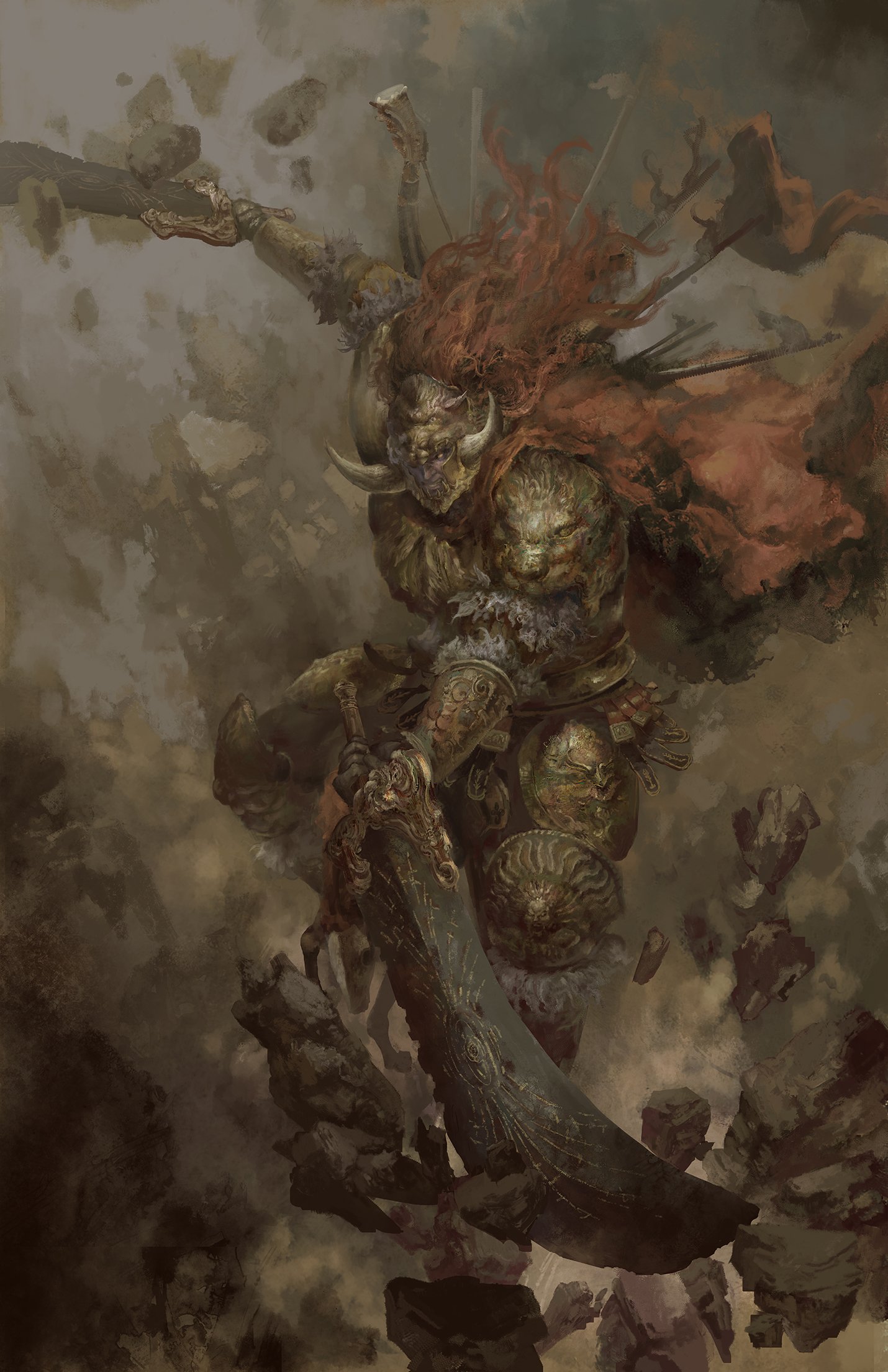 a heavily armored warrior, possibly a barbarian or monster hunter, leaps through a debrisfilled battlefield. he brandishes a massive sword and wears a horned helmet, his red cape billowing dramatically behind him. the lighting is dramatic, highlighting his figure against a dark and smoky background of mountains and clouds. the overall mood is one of intense action and fierce determination.
