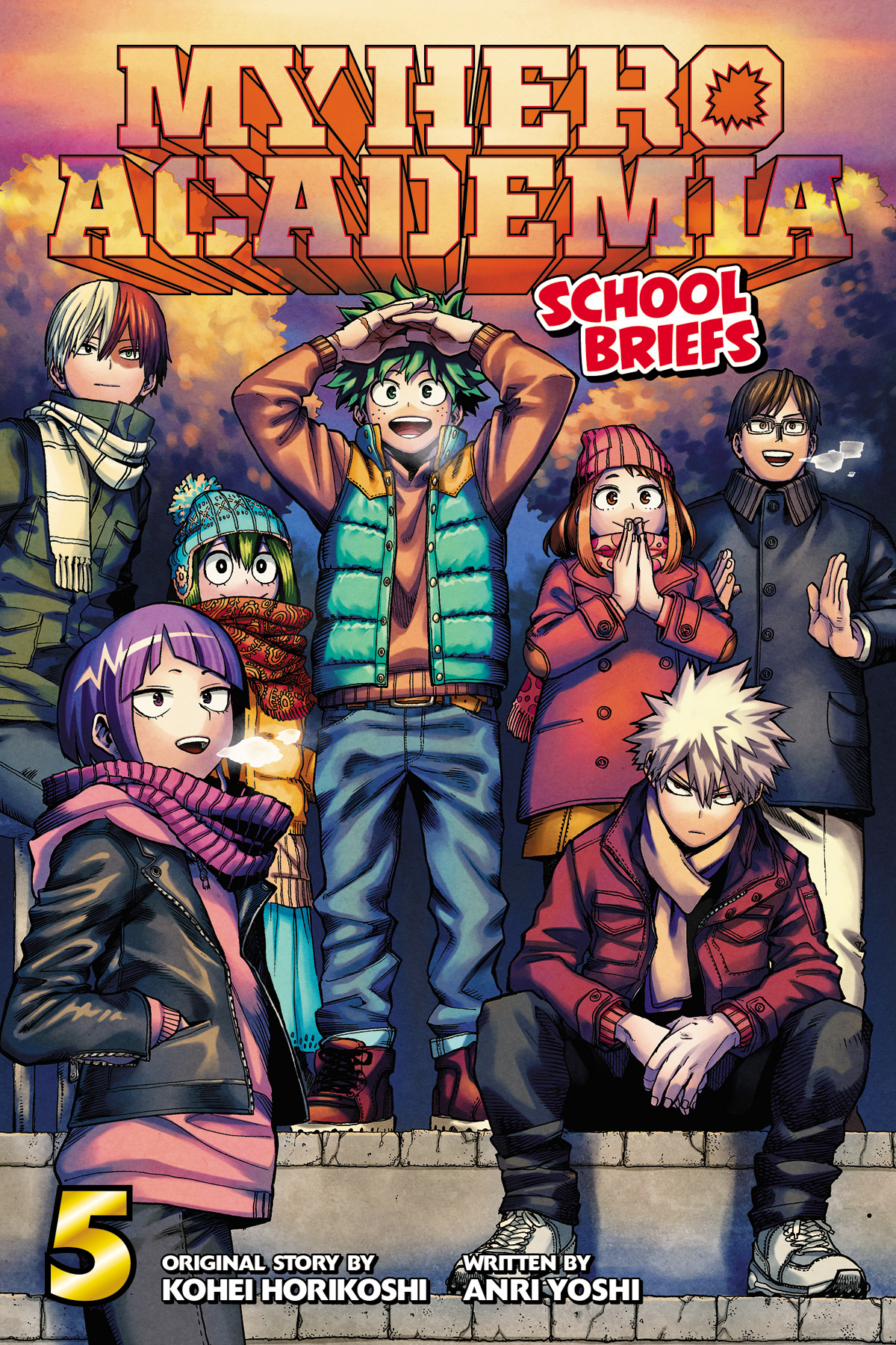 the image is the cover of the my hero academia: school briefs volume 5 manga. it features seven characters, most likely high school students, standing and sitting on a low wall. the background suggests it is sunset or late afternoon with warm colors. the characters are all wearing warm winter clothes, with the central character, a boy with green hair, looking particularly happy. the title and author names are displayed prominently.