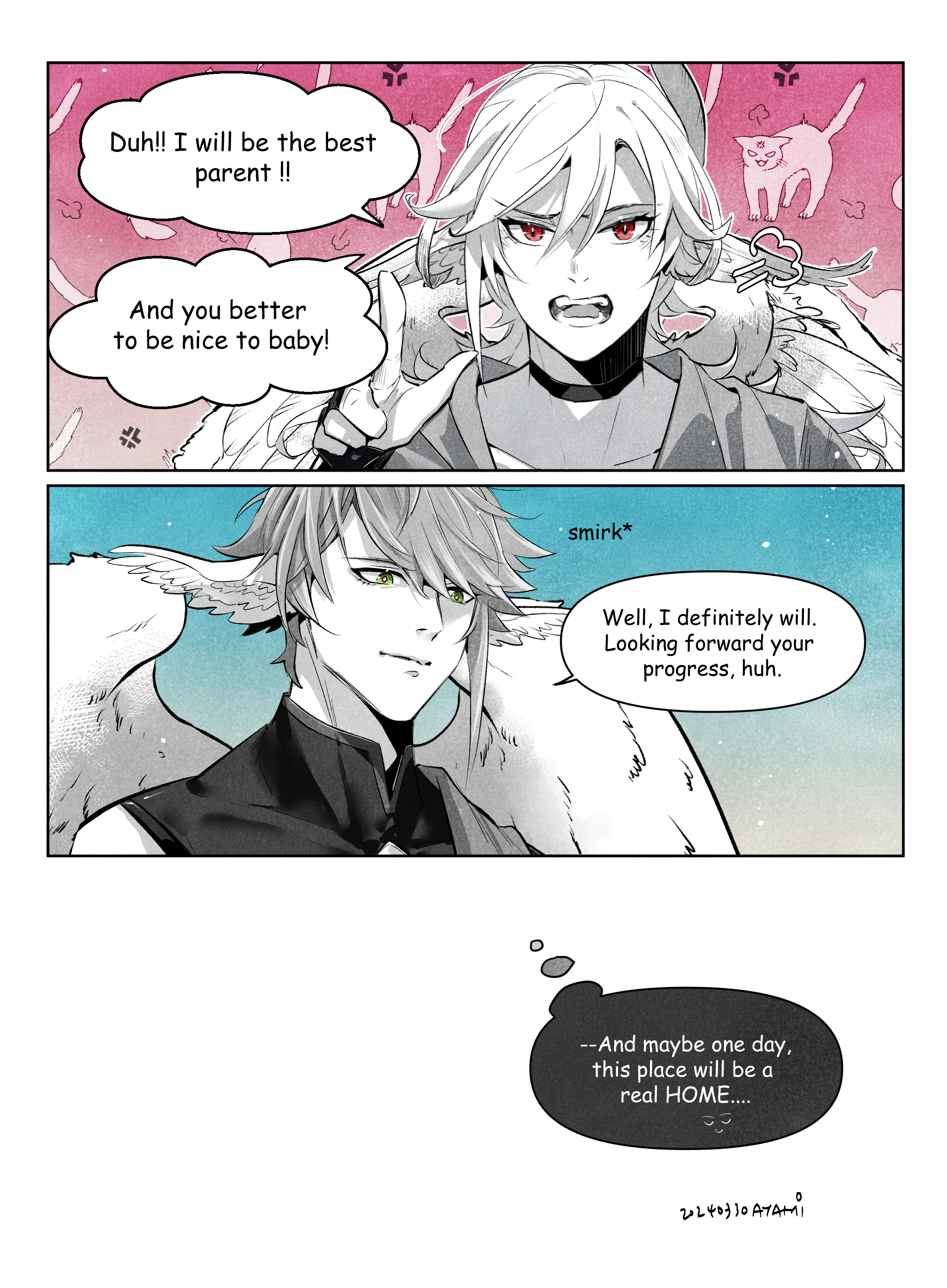 the image shows a comic panel with two characters. the first character is a young boy with black hair and wings, looking at the other character. the second character is a man with white hair and eyes, with a smirk, looking at the boy and holding their wings. the comic panel shows a conversation between the two, with the man saying he will be the best parent and asking the boy to be nice to the baby. the boy seems surprised at this, while the man has a proud and assured expression. this suggests a heartwarming story about family, parenting, and the hope for a better future.