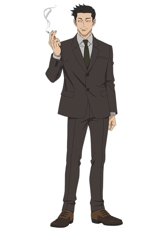 this is an image of a man from an anime series. he is wearing a black suit, a tie, and brown shoes. he is holding a cigarette in his right hand and is standing with a serious expression. he is smoking a cigarette. the background is white.