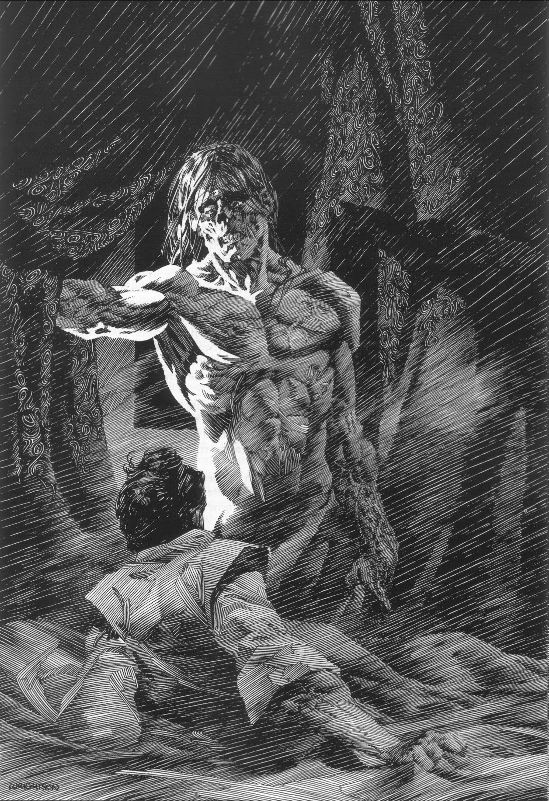 the illustration depicts a scene of horror and suspense. a monstrous figure, tall and gaunt with its flesh seemingly stitched together, stands over a cowering man. the monster's face is partially obscured, adding to its menacing aura. heavy rain and dramatic lighting enhance the scene's ominous atmosphere.  the perspective is from a low angle, making the monster appear even more imposing.