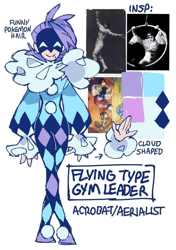a colorful character design for a flyingtype gym leader inspired by a clown, with inspiration images from a  vintage poster of a female acrobat and a painting of a jester. the character is designed with a blue, purple and white color scheme, with cloudshaped sleeves and a diamond pattern on their pants. it has a playful and acrobatic feel to it.
