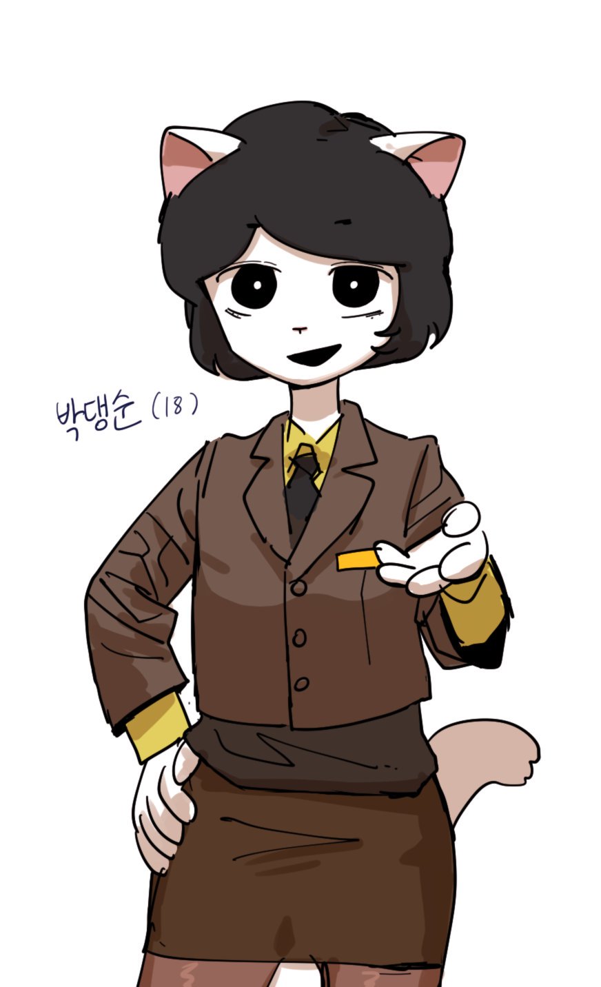 a cartoon illustration of a cat girl wearing a brown suit with a black tie and a yellow shirt. the girl has short black hair, white fur on her ears, and a happy smile on her face. she is standing with her left hand on her hip and her right hand pointing at the viewer. the background is white.