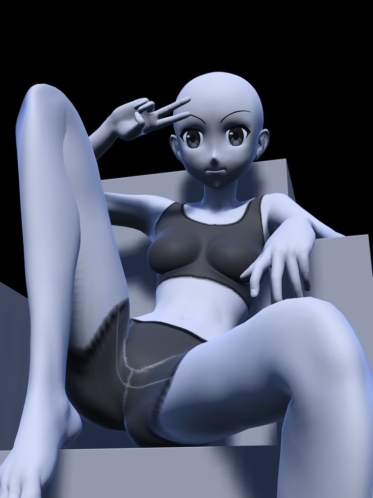 this image is a 3d render of a young anime girl. she is sitting in a relaxed pose and wearing a black tank top and shorts. her skin is blue and she has blue eyes and a black wig. the background is black.