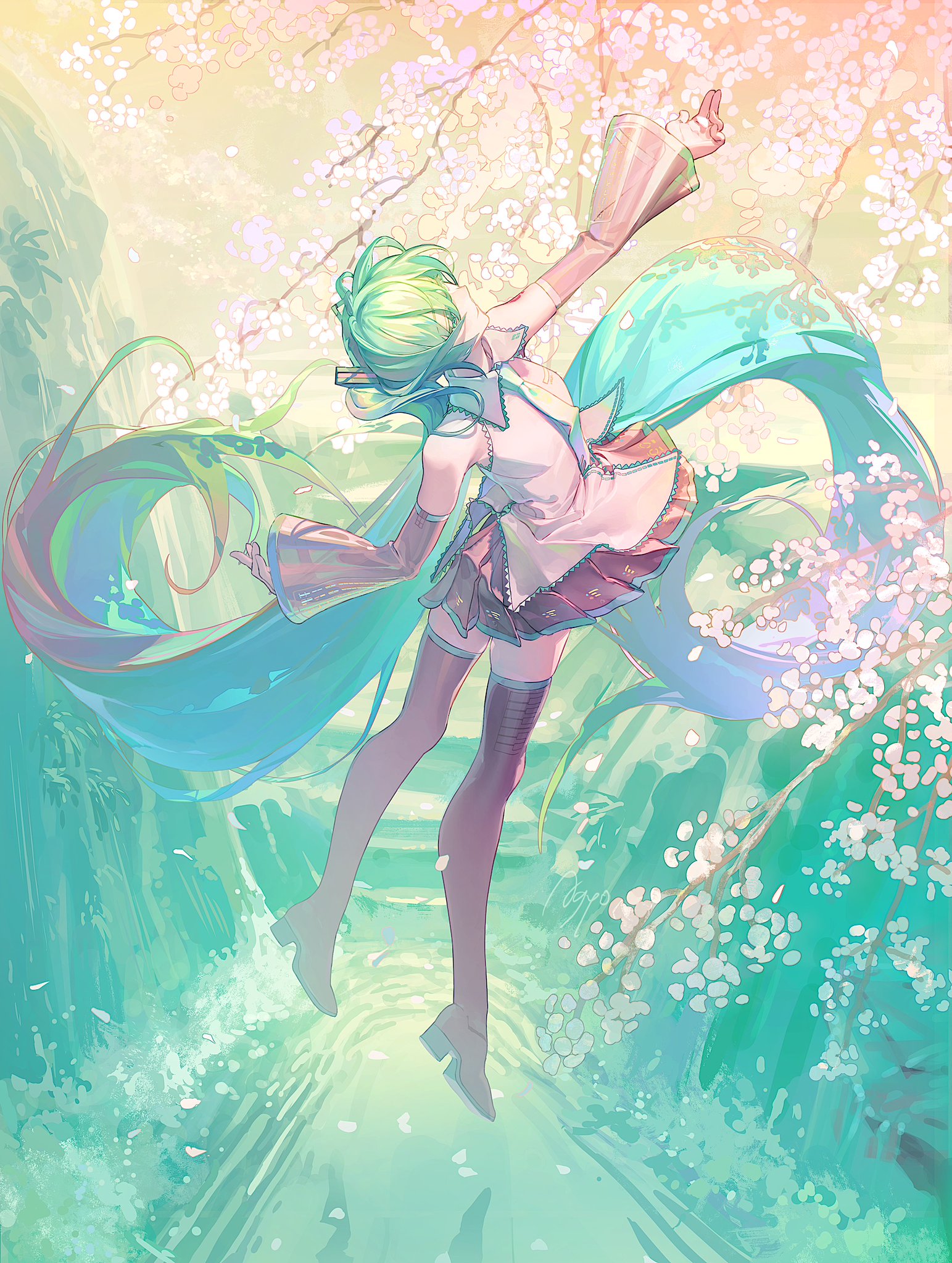 the image is a digital illustration depicting hatsune miku, a popular vocaloid character, in a dreamy, ethereal setting.  she is portrayed with her signature long, flowing turquoise hair, which cascades around her as she appears to be leaping or dancing gracefully through a path surrounded by blossoming cherry trees.  miku wears a pastel pink and burgundy dress.  the overall style is soft, pastelcolored, and whimsical, conveying a sense of peace and serenity. the background features a soft focus of a path bordered by flowering cherry blossom branches, enhancing the dreamlike ambiance of the scene. the artist's style is characterized by fluid lines and soft blending of colors, creating a visually appealing and captivating piece of fanart.